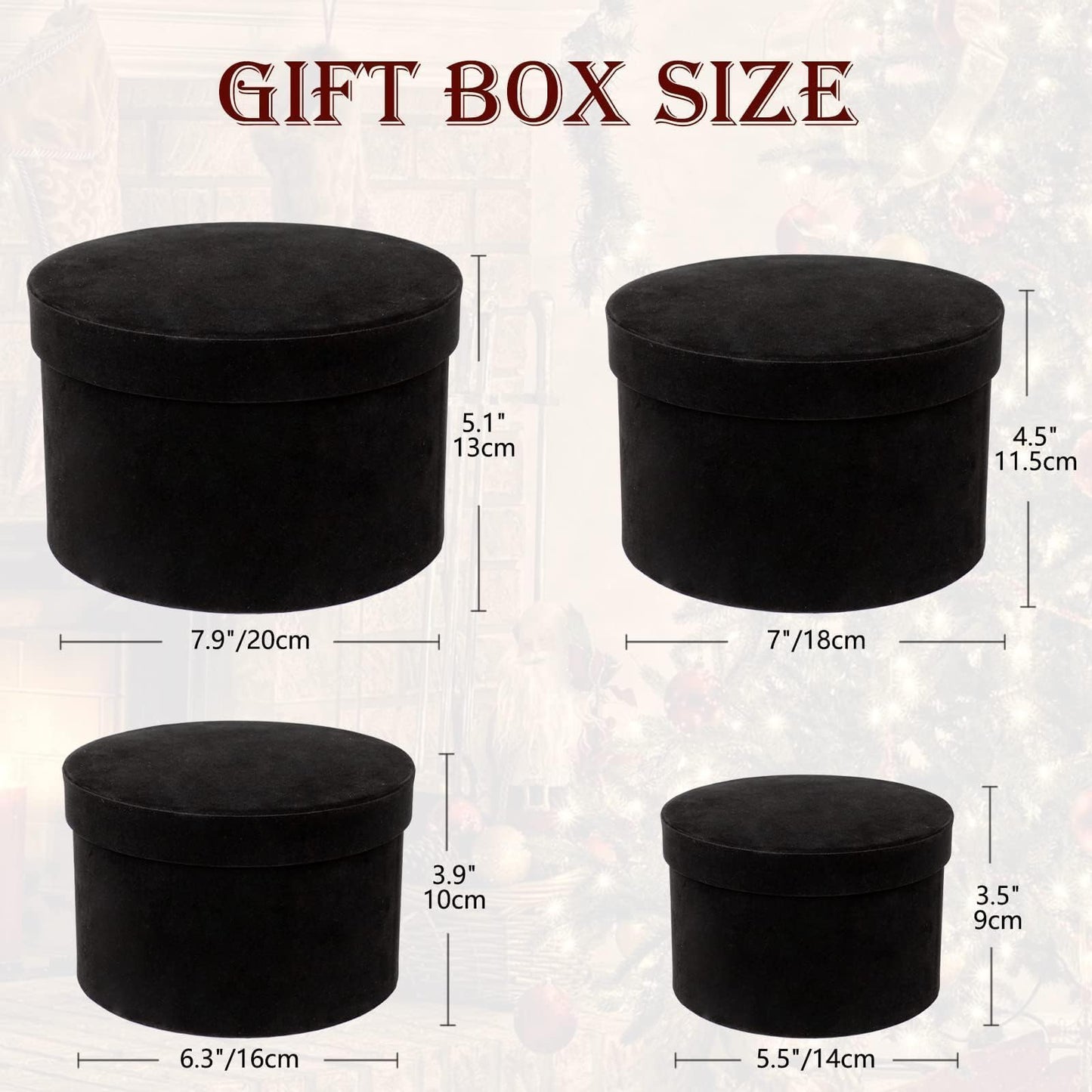 GnFlus Black Gift Boxes with Lids for Presents Set of 4 Round Velvet Nesting Gifts Box for Arrangements Flowers Wedding Birthday Mothers Valentines Day Bridesmaid Christmas Party Anniversary