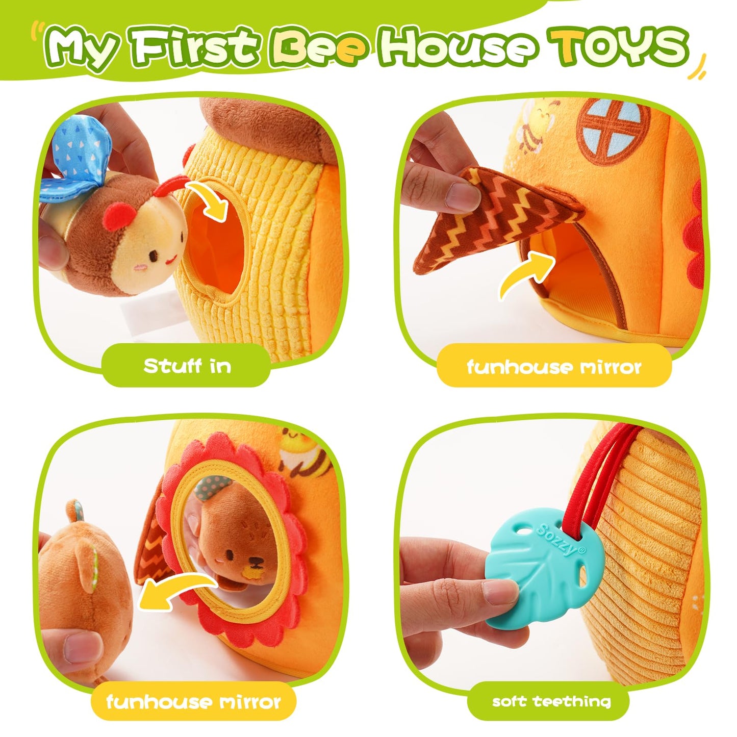 Koty Baby Toys 0-6 Months,Bee House Sensory Toy, Interactive Plush Beehive wtih rattles, queaker, Mirror, Busy Montessori Soft Toys for Toddlers 0-3,Development Toy for Infants 6-12 Months