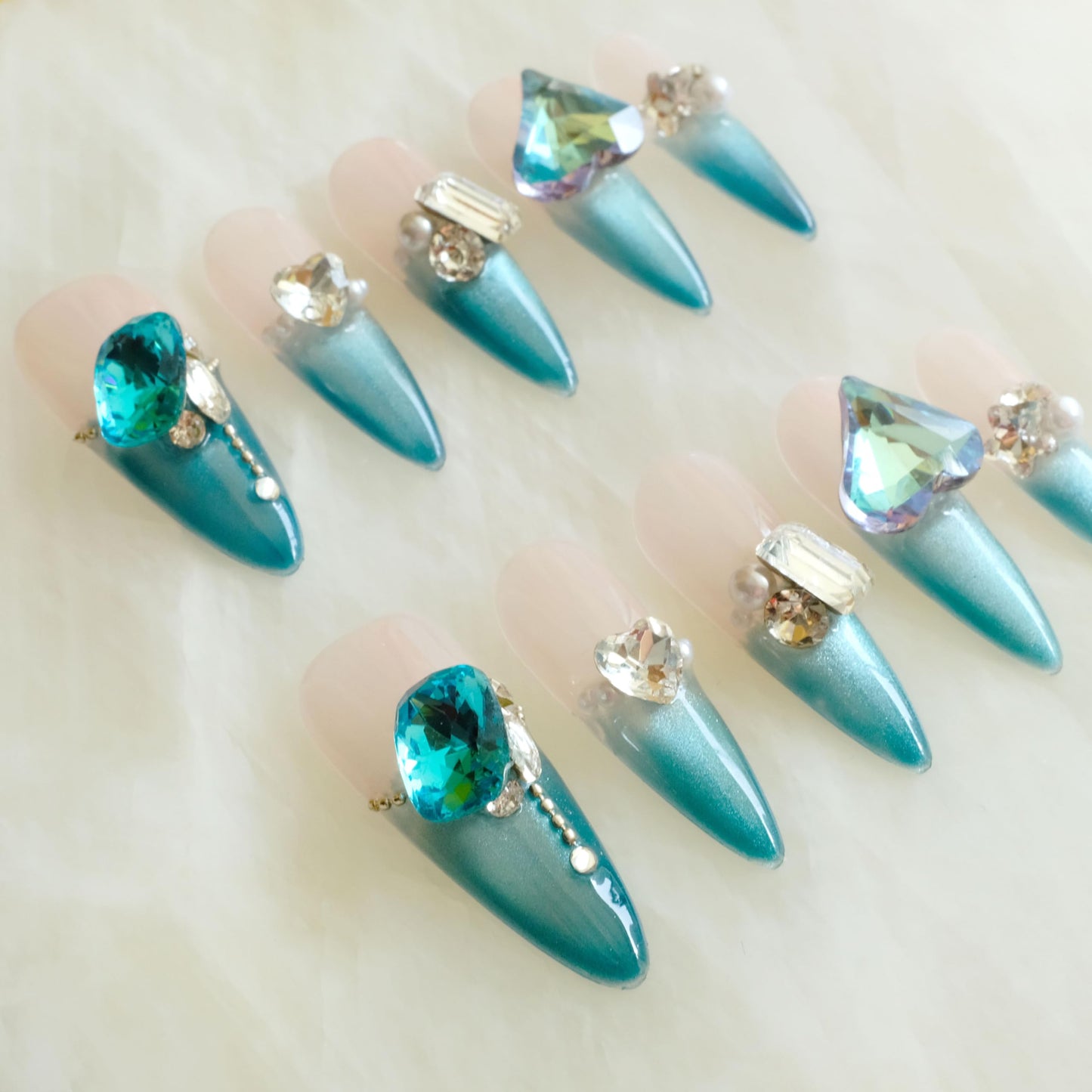 GLORS Luxury Long Stiletto Press-On Nails, Turquoise Blue Stiletto with 3D Crystals and Pearls, Handmade False Nail 10 Pieces (Medium, LS)