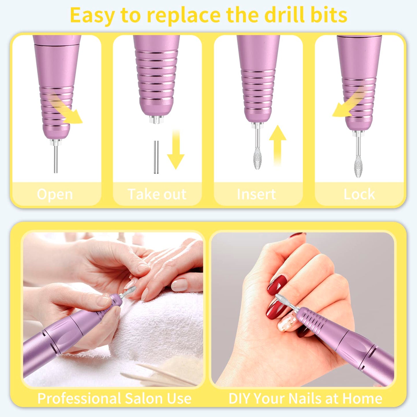 Portable Nail Drill Professional 35000 RPM, MOCOWIND Rechargeable Electric Nail File Machine E File for Acrylic Gel Polishing Removing, Cordless E-File with Bits Kit for Manicure Salon Home