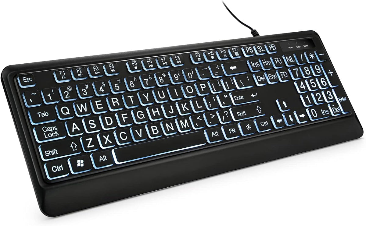 Large Print Backlit Keyboard, USB Wired Computer Keyboard, Full Size Keyboard with White Illuminated LED Compatible for Windows Desktop, Laptop, PC, Gaming, Black
