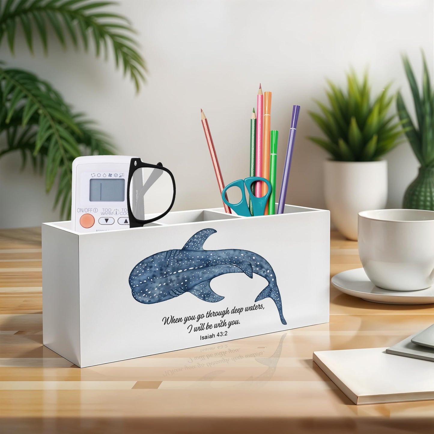 Exqcom Whale Shark Bible Verses Pen Pencil Holder, Inspirational Christian Desk Decor, When You Go Through Deep Waters Scripture Pencil Pen Holder Organizer for Home Office Desk Accessories