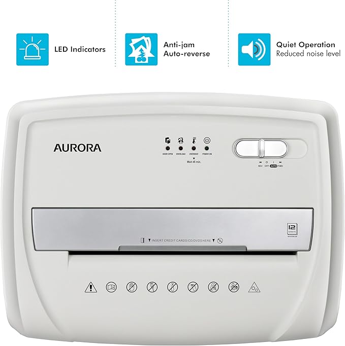 Aurora Desktop Style High-Security Anti-Jam 12-Sheet Micro-Cut Paper and CD/Credit Card/Junk Mail Shredder with 1.8 Gallon Pullout Basket/Security Level P-4