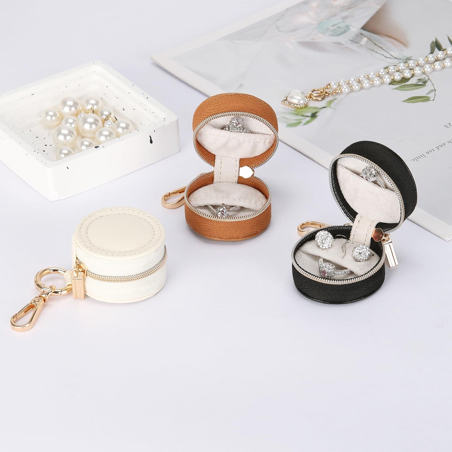 KUKUVR Jewelry Ring Holder Box with Keychain, Portable Gym Jewelry Storage Box Case, Small Travel Ring Earring Stud Necklace Storage Case (White)