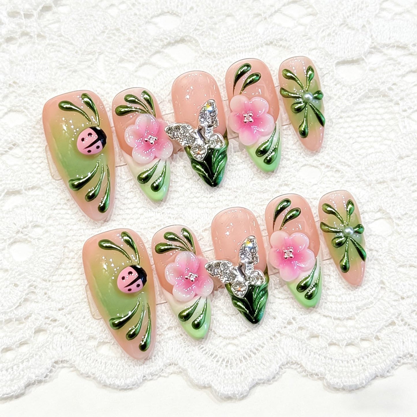 Luxury Press on Nails Medium Almond Handmade 3D Unique Reusable Gradient Flowers Fake Nails French Tip False Nails with Designs Butterfly Glossy Glue on Nail Thick Acrylic Nail for Women10Pcs（S)