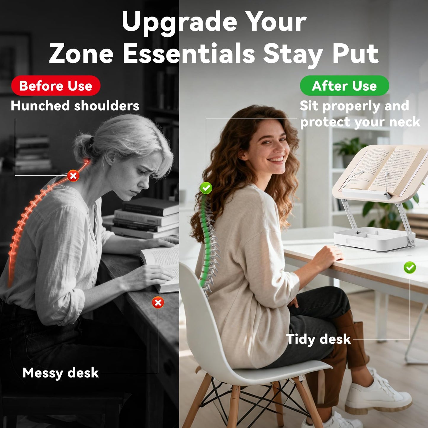 Book Stand for Reading Hands Free, 360° Rotating & Foldable Book Holder Stand for Desk with Storage Box, Carbon Steel Cookbook Recipe Book Holder for Kitchen, Office, Bible Study (White)