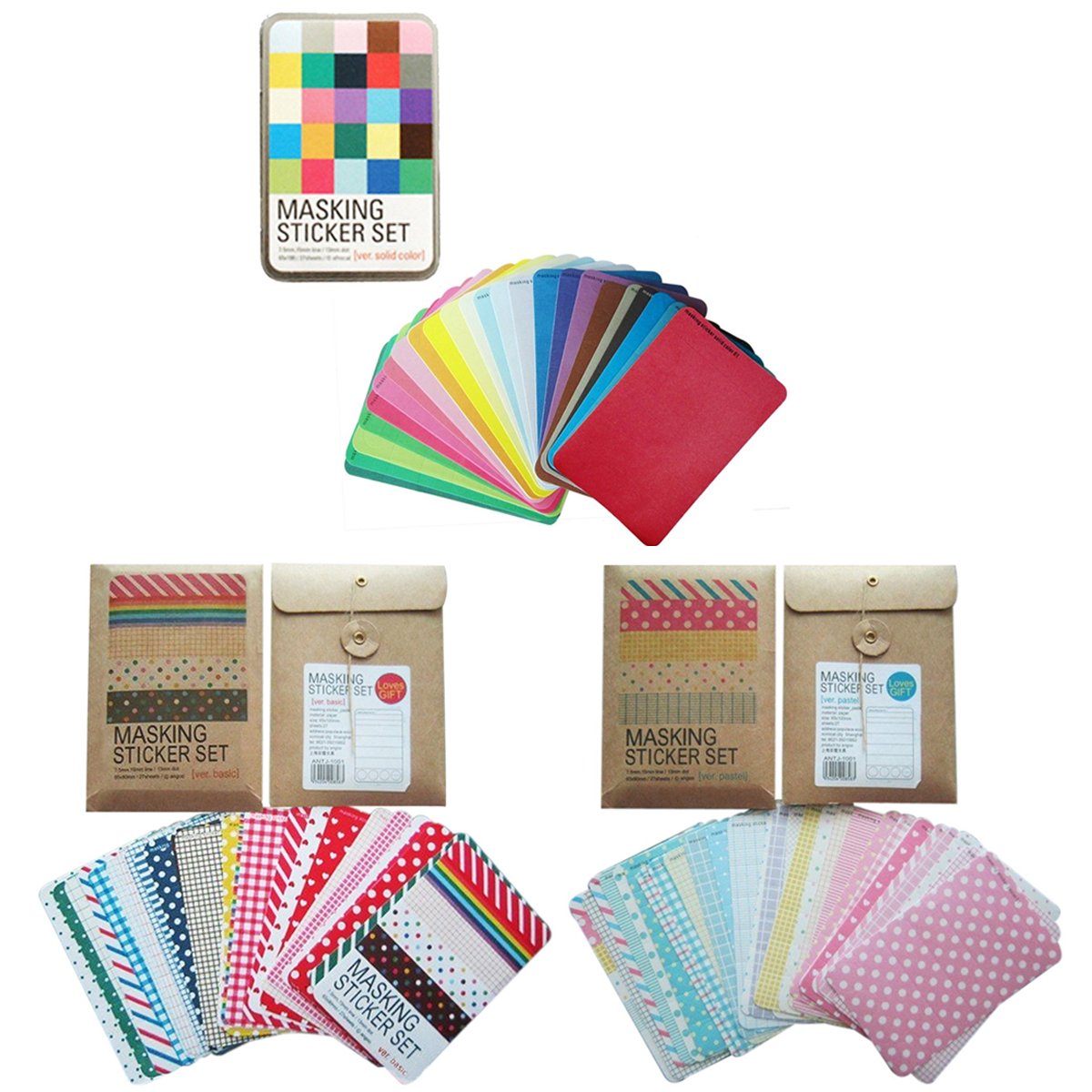 Wrapables® Decorative Patterns Masking Sticker Set (3 Set), Solid w/Tin + Basic + Pastel
