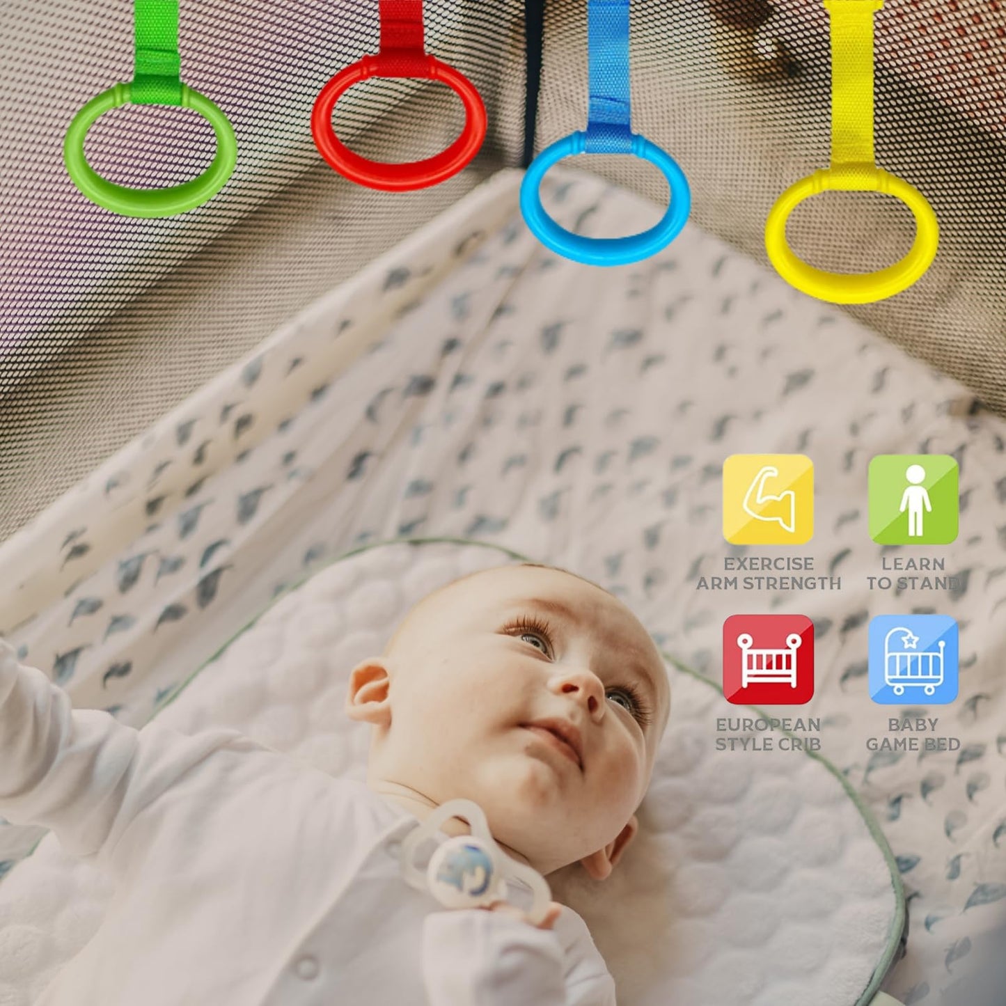 6PCS 4 Colors Baby Playpen Pull up Rings-Plastic Crib Pull Rings Walking Exercises Assistant Stand Up Cot Hanging Ring for Infant Baby Toddler