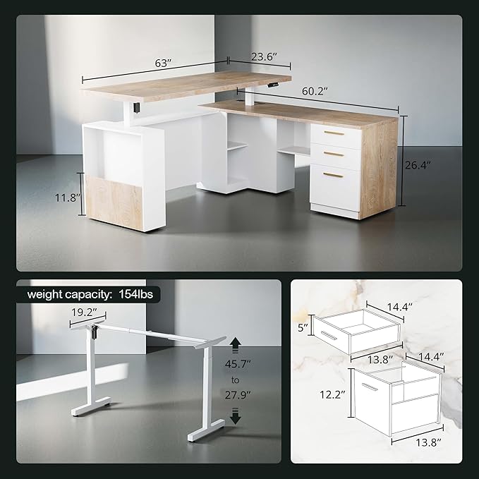 63" Standing Desk with File Cabinet, Privacy Panel, AC/USB, 1.18" Desktop, Executive L Shaped Height Adjustable Electric Stand Up Desk, Home Office Table with 3 Drawers, Light Walnut
