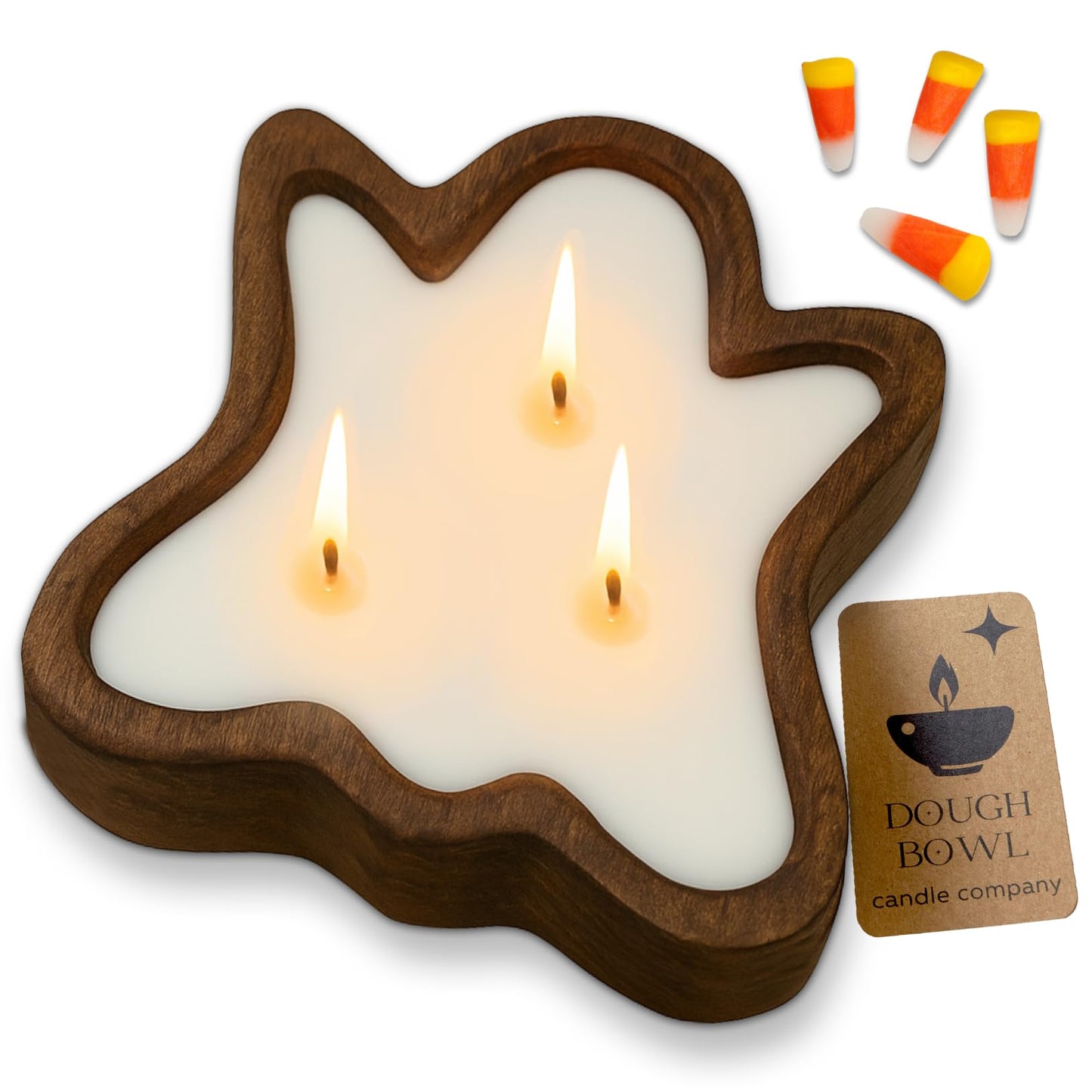 Dough Bowl Candle Co. Ghost Candles - 7x7x2in Halloween Candles, Wooden Fall Candle Decorations with Candy Corn Scent, Cute Fall Room Decor, 100% Soy Wax, Autumn Aesthetic with 35h Burn Time