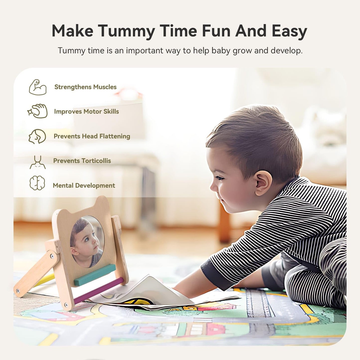 IEATFO Rotating Baby Safe Mirror with 120 Pages Visual Stimulation Cards - Wooden Tummy Time Mirror Toys - Black White Red and Color High Contrast Baby Flashcards for Brain and Cognitive Development