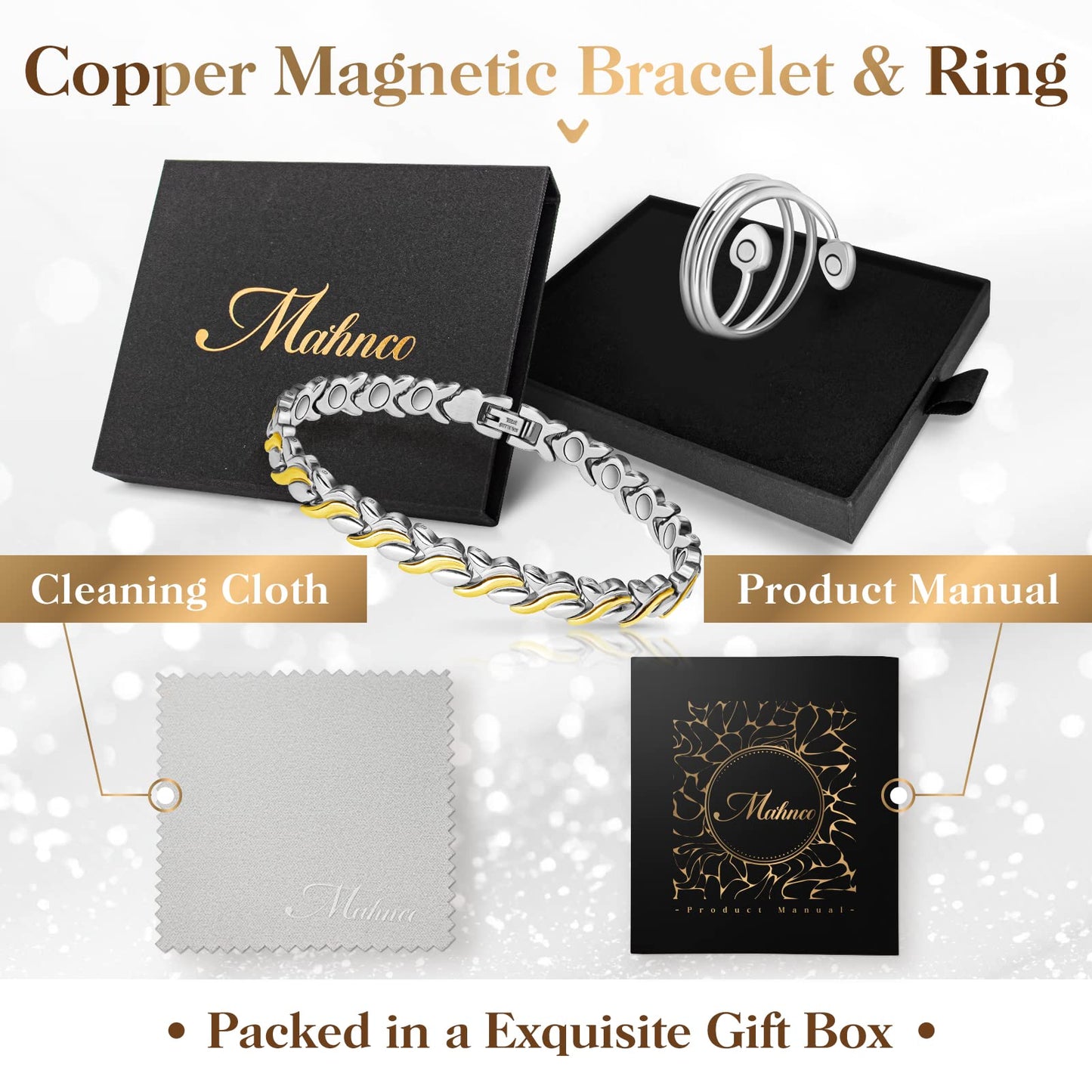 Lymph Detox Magnetic Bracelet for Women, Titanium Steel Magnetic Bracelet with Fishtail Design, Magnet Therapy Bracelet & Lymphatic Drainage Ring-Jewelry Gift Set with Adjustment Tool