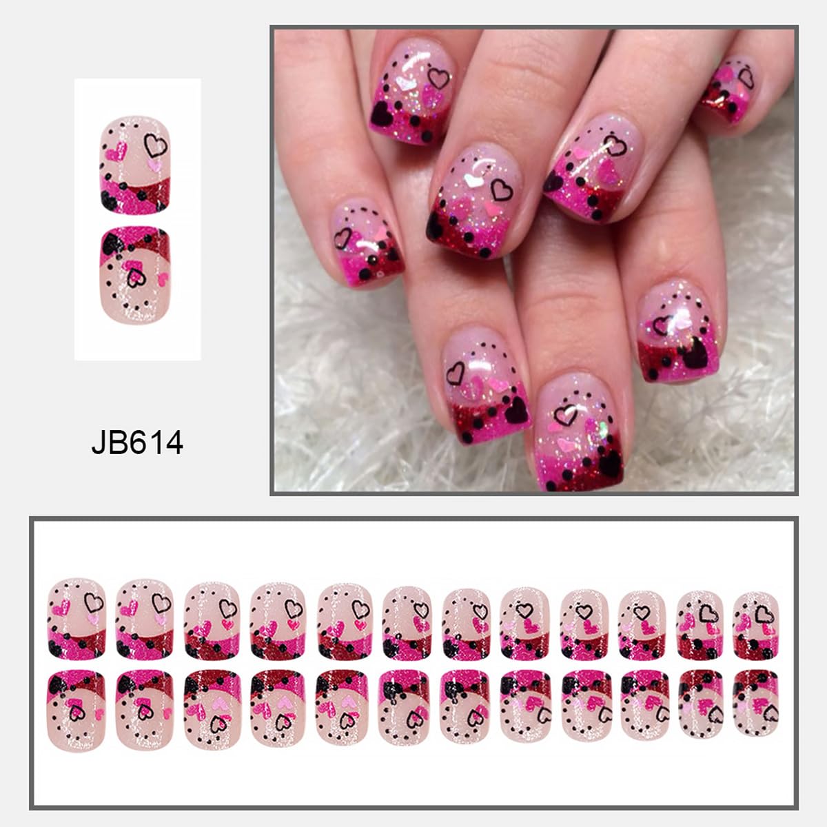 24Pcs Valentines Press on Nails Short Square French Tip Fake Nails with Pink Black Romantic Heart Design Full Cover Artificial Glue on Nails Nude Stick on Nails Valentine's False Nails for Women