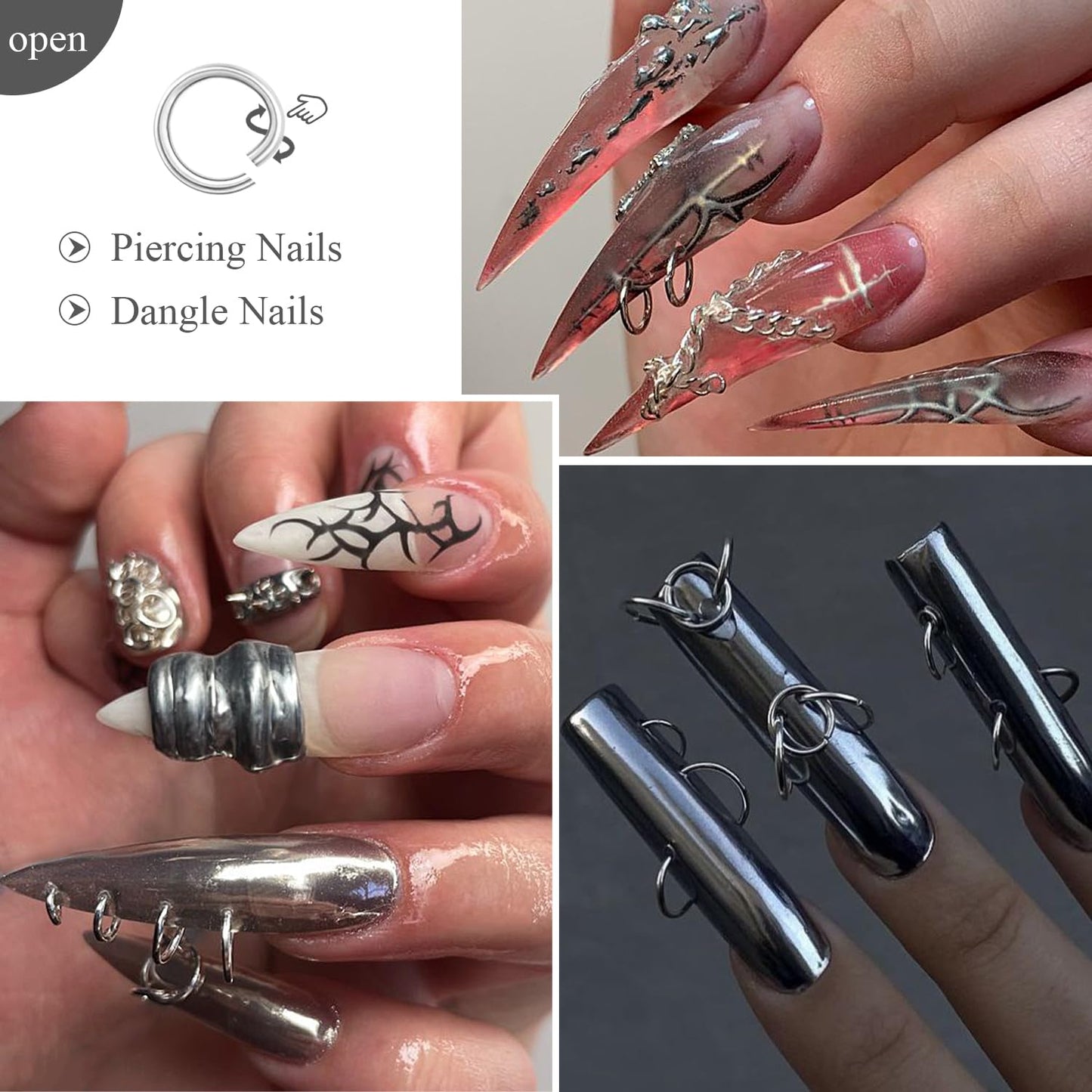 Furtherpretty Gothic Punk Nail Piercing Charms, Gold Silver Open Rings Dangle Nail Charms Y2K Piercings for Nails Grommets Eyelets Nail Art Decorations Accessories DIY Manicure Supplies with Tweezers