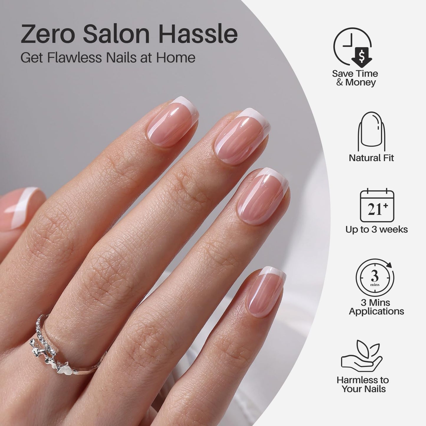 White French Tip Press on Nails Square - SHANGMENG Chrome Press on Nails Short for Women, Semi-Transparent Soft Gel Glue On Nails in 16 Sizes - 32 Fake Nails Kit with Glue, White Noise