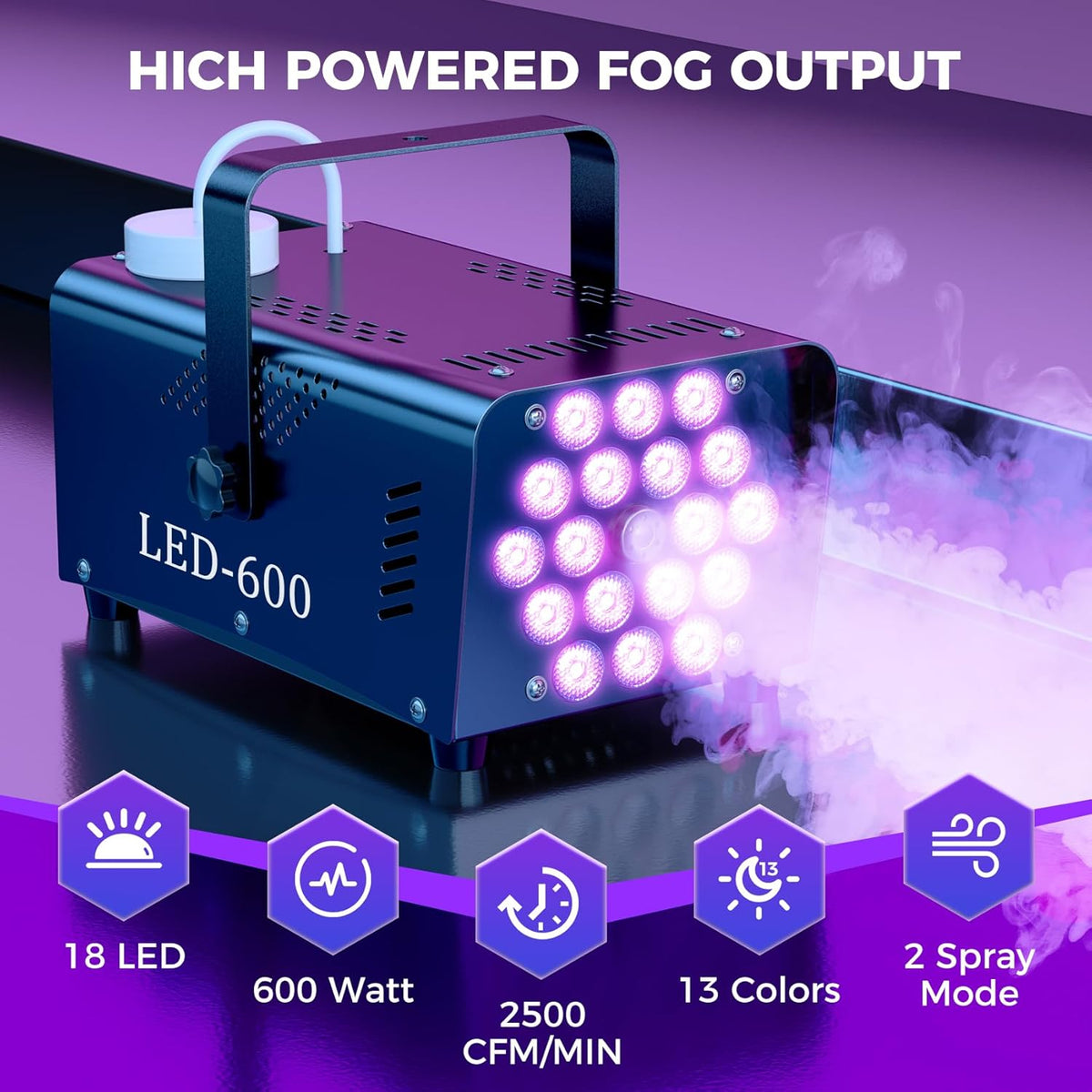 Fog Machine Smoke Machine, 18 LED Lights with 13 Colors, 600W and 2500CFM Fog, Wireless&Wired Remote control, Perfect for Wedding, Halloween, Party and Stage Effect (BLACK)