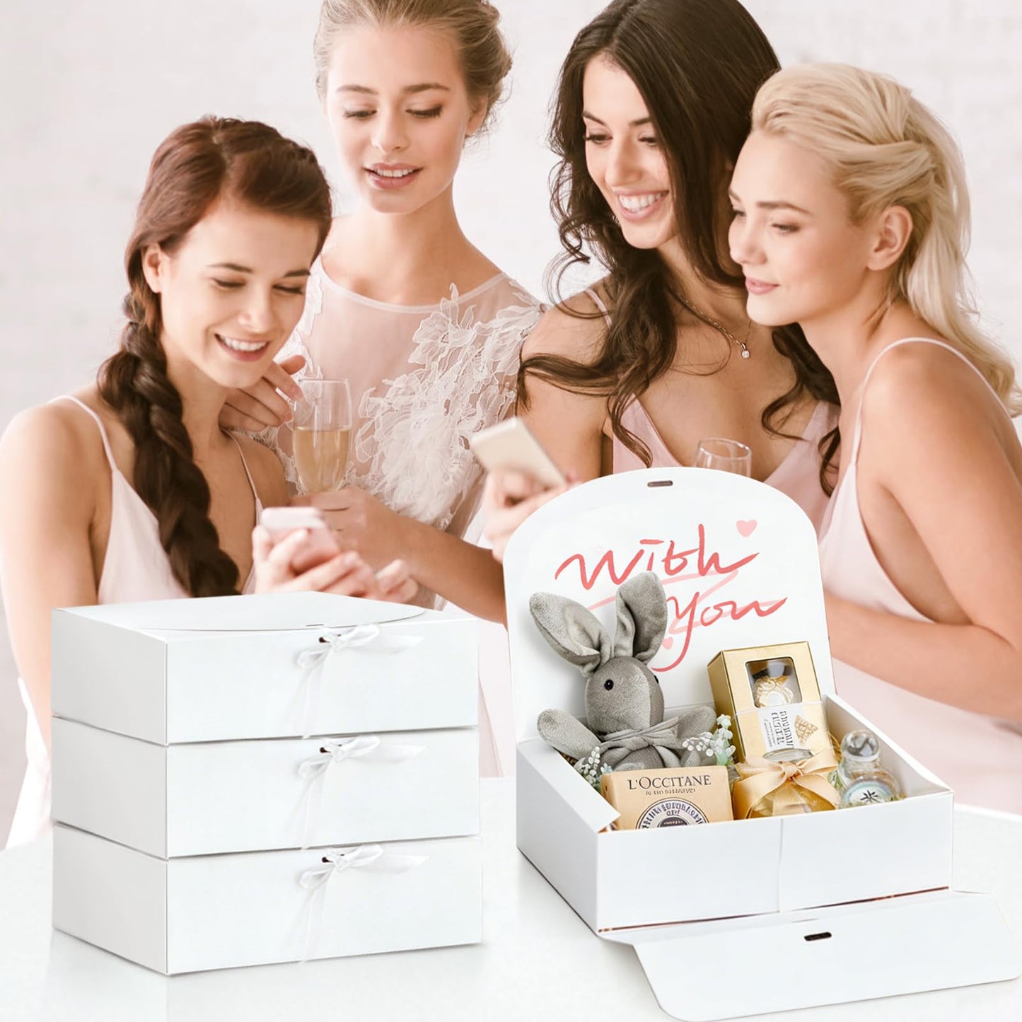 Kucoele 15 PCS Gift Boxes with Lids, 10.6 x 7.8 x 3.1 Inches Bridesmaid Gift Boxes, White Proposal Boxes with Ribbons for Wedding, Birthday, Graduation Present Packaging