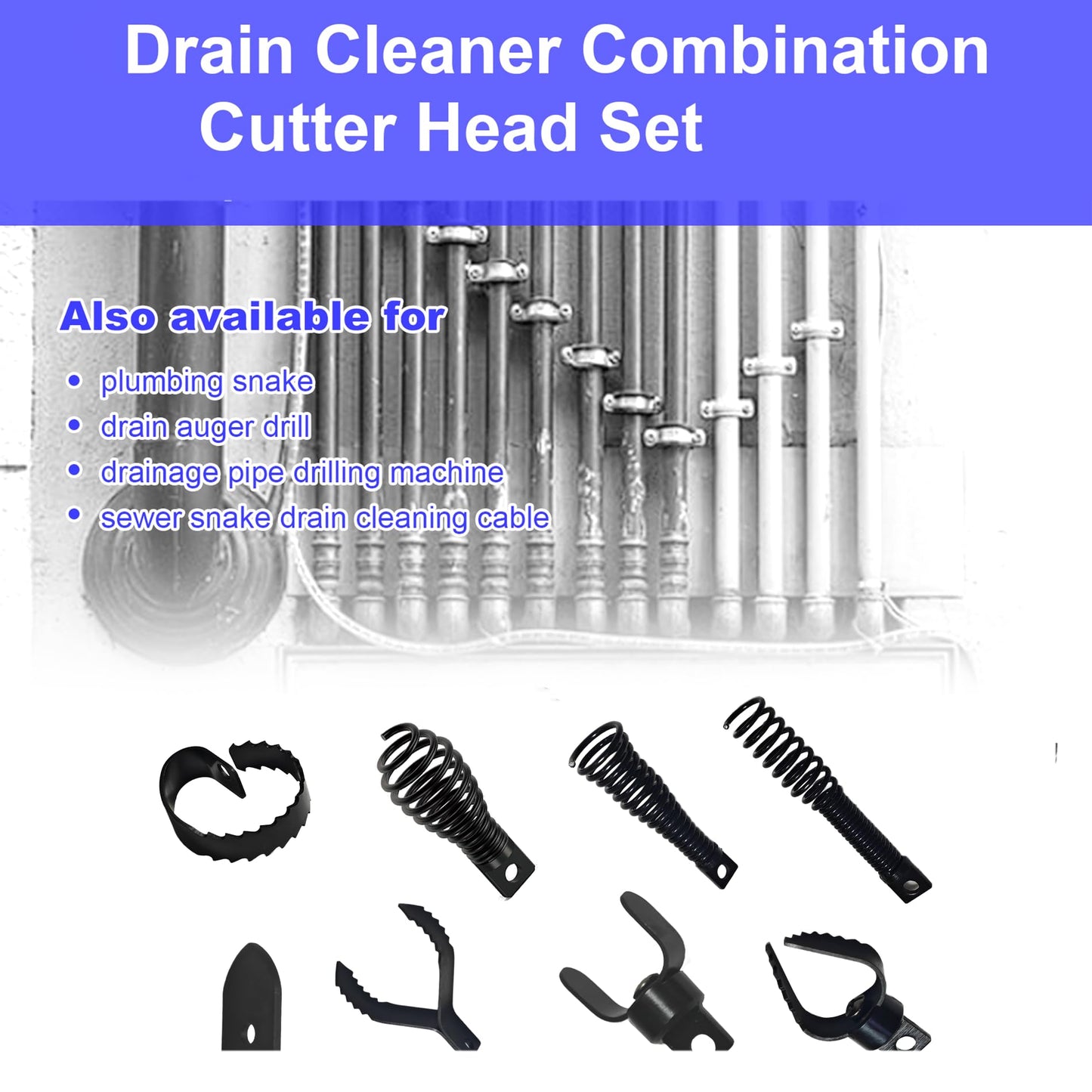 9 PCS Drain Snake Drill Attachment,Drain Cleaner Combination Cutter Head,Root Cutter For Drain Cleaning,Used in 50ft-100ft Ac Drain Cleaning Machine,for 5/16” To 3/4” Drain Snake Cables
