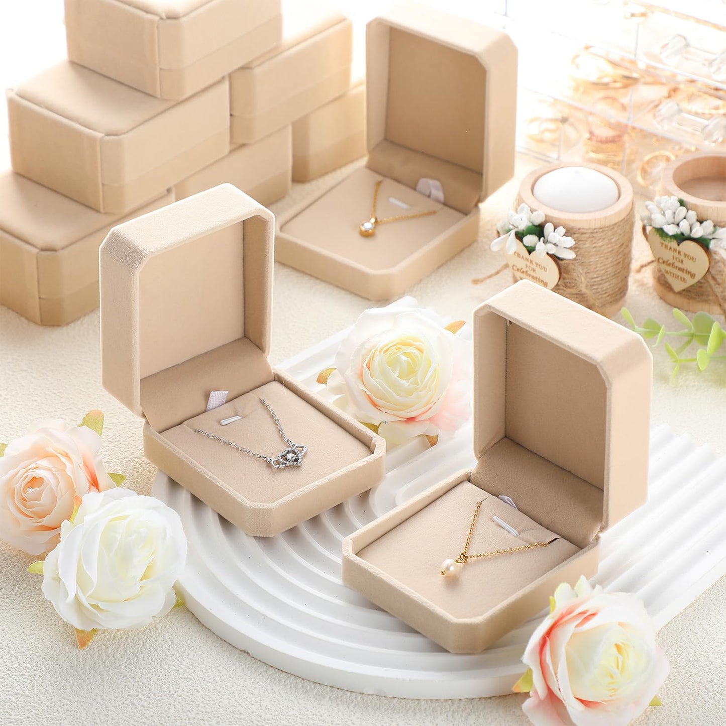 Sureio 24 Pcs Velvet Jewelry Gift Boxes Bulk for Necklace Pendant Ring Earring Bracelet Display Case Wedding (Beige)