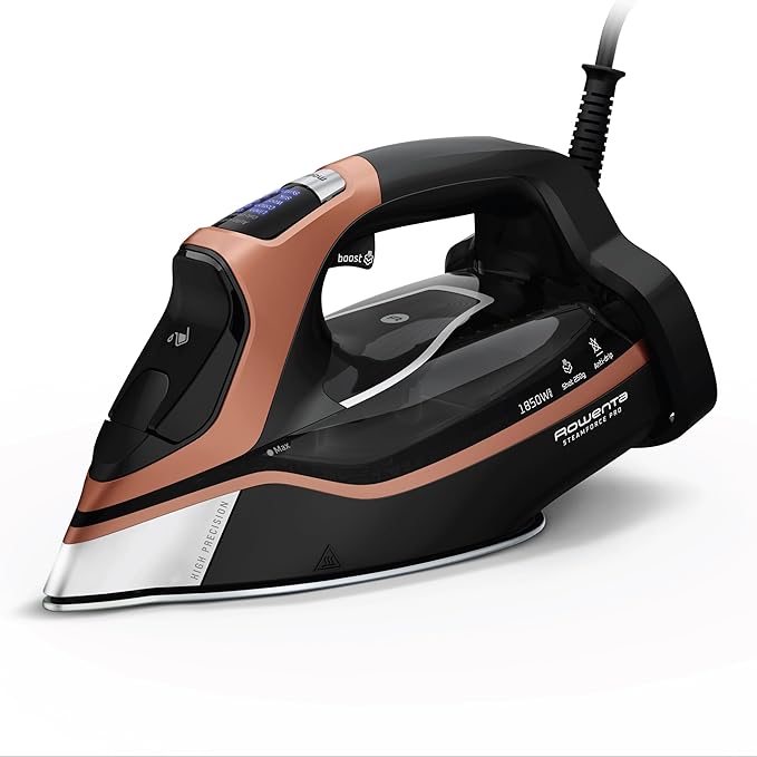 Rowenta Iron Steam Force Pro Steam Iron for Clothes, 1850 Watts, 5 Presets Smart Screen, Stainless Steel Soleplate, High-Efficiency Handheld Ironing, Black Copper, DW9580