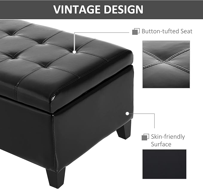 HOMCOM 51" Ottoman Storage Bench, Faux Leather Storage Chest with Lift Top, Tufted Ottoman for Living Room, Entryway, Black