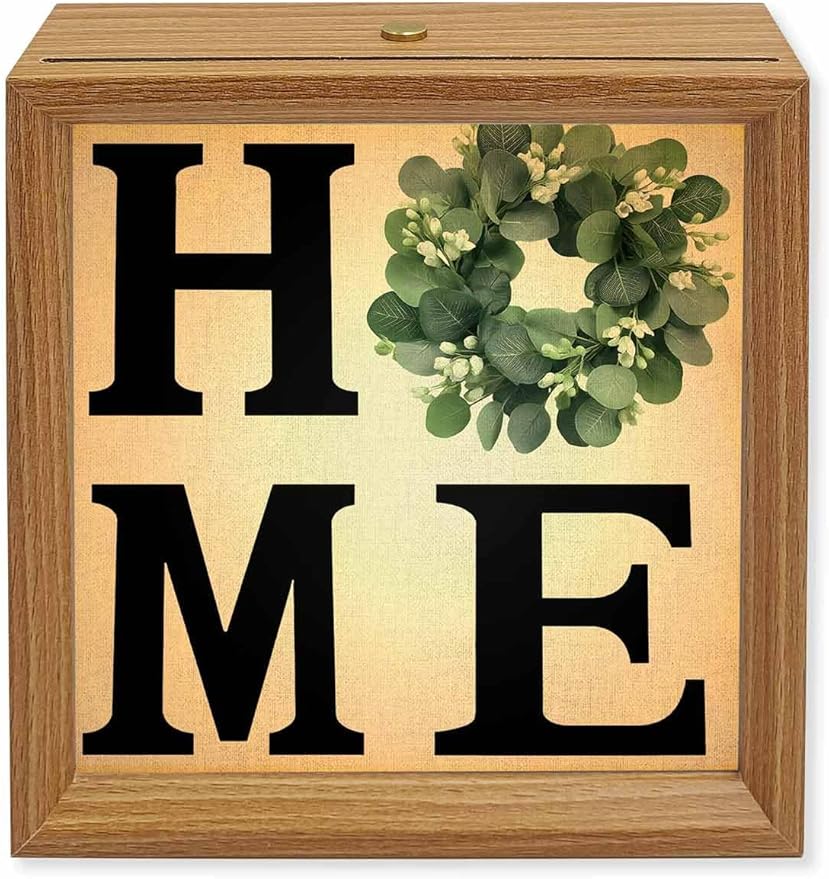 Wood Night Light Box 6.5x6.5in,Home Green Eucalyptus Leaves Garland Table Lights Wooden Picture Frame with USB Rechargeable Touch LED Lights for Home Decor Desktop Display,Retro Linen