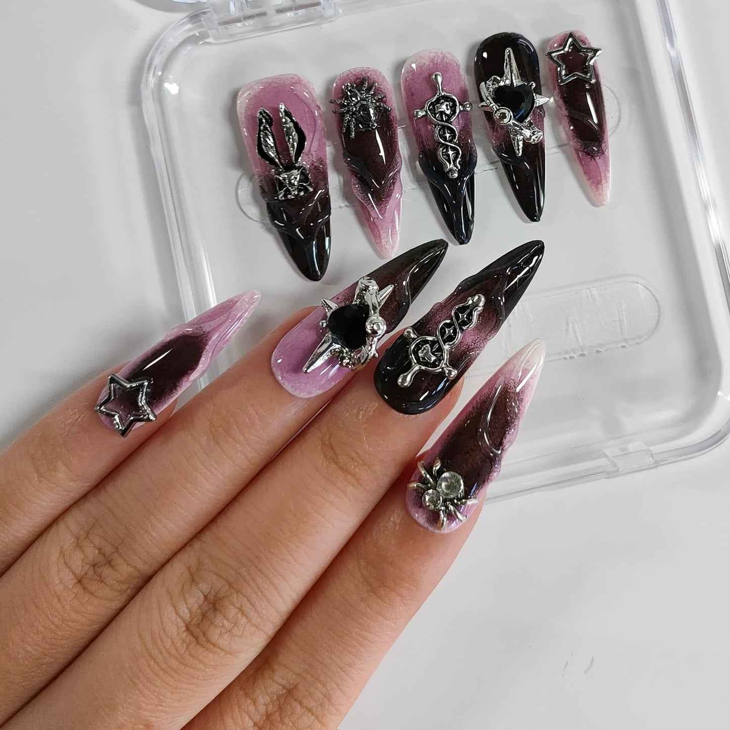 Halloween Handmade Press on Nails Long Almond 3D Nails Gothic Thick Acrylic Fake Nails Ombre False Nails with Rhinestones Spider Heart Designs Pink&Black Sturdy Nail Art Press on Nails 10Pcs(S)