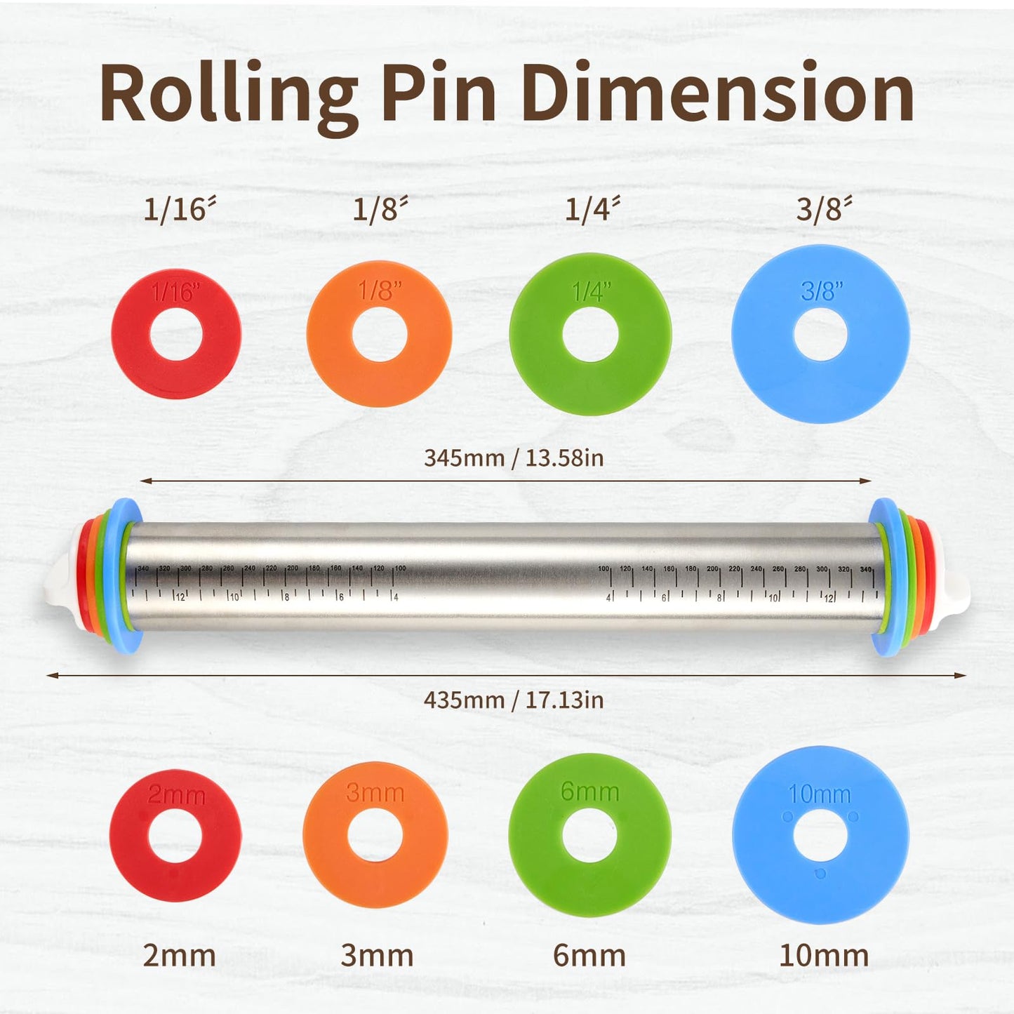 Adjustable Rolling Pin for Baking, with Thickness Rings Stainless Steel Dough Roller Pins for Pasta, Pizza, Pie Crust, Pastry and Cookie Making