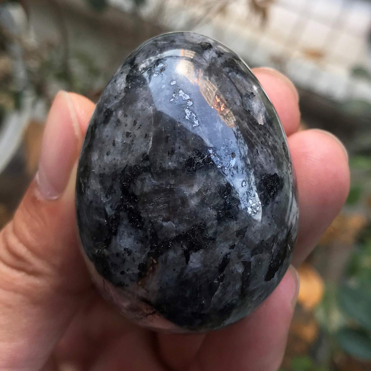 Fekuar Stone Egg Figurine, Polished Healing Crystal Easter Eggs Sphere Sculpture with Wood Stand, Natural Black Labradorite, 1.8"