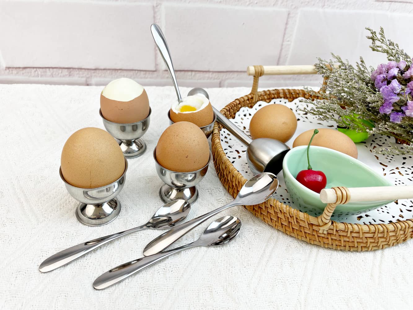 10 Pcs Egg Cups for Soft Boiled Eggs, Jawbush Egg Cracker Topper Set for Raw Hard Boiled Eggs, 4X Egg Spoons, 4X Egg Cups, 1x Magnet Egg Piercer, 1x Stainless Steel Egg Topper Egg Guillotine