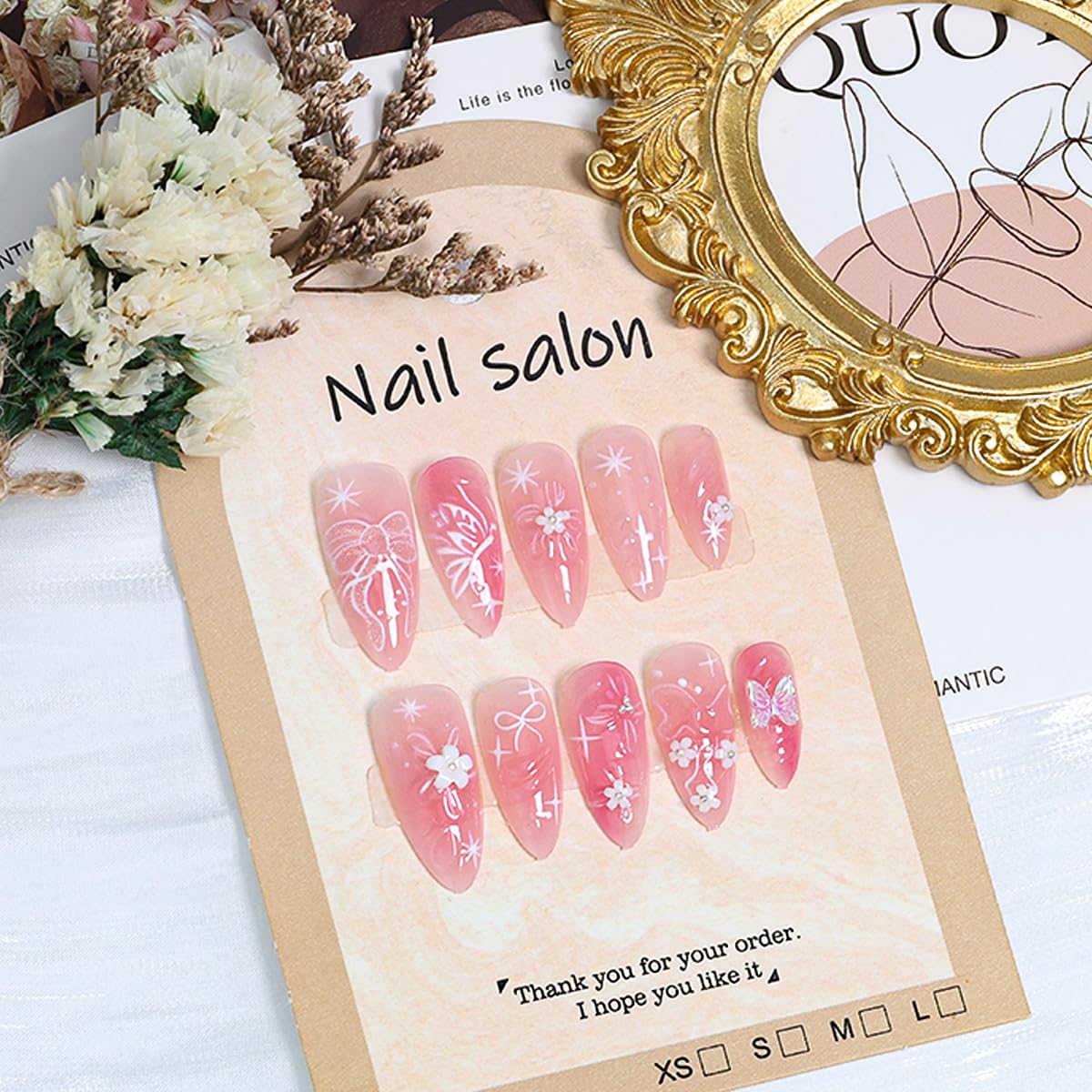 BMKKOT 24Pcs Pink Almond Nails-12: 3D Flower Acrylic Nails, Butterfly Bow, Water Ripple Design, Glossy Finish, Full Cover Nail, ABS Material, Almond Shape, Press-On False Nails