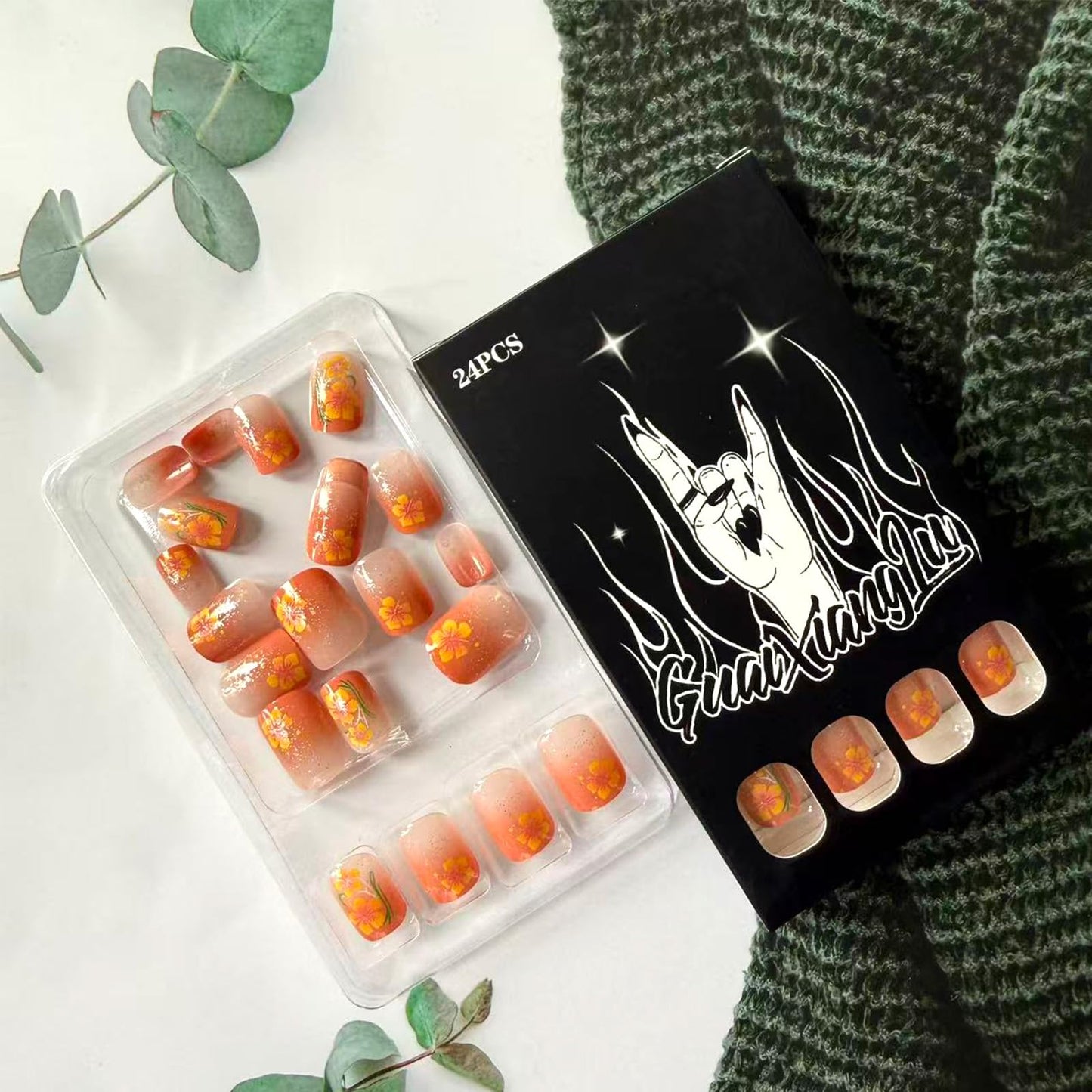 Short Press on Nails Square Fake Nails with Yellow Flower Designs Gradient Glitter Nail Tips Cute Floral Press on False Nails Spring Summer Flowers Glue on Nail for Women 24Pcs
