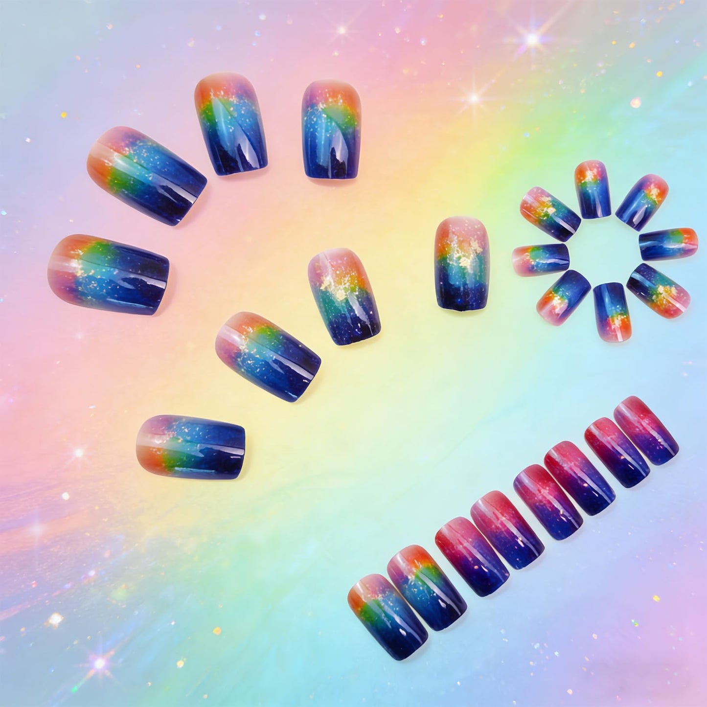 Medium Square Press on Nails Aurora Starry Sky Fake Nails Multicolor Gradient False Nail Glossy Full Cover Stick on Nail Reusable Artificial Glue on Nails for Women Manicure 24Pcs