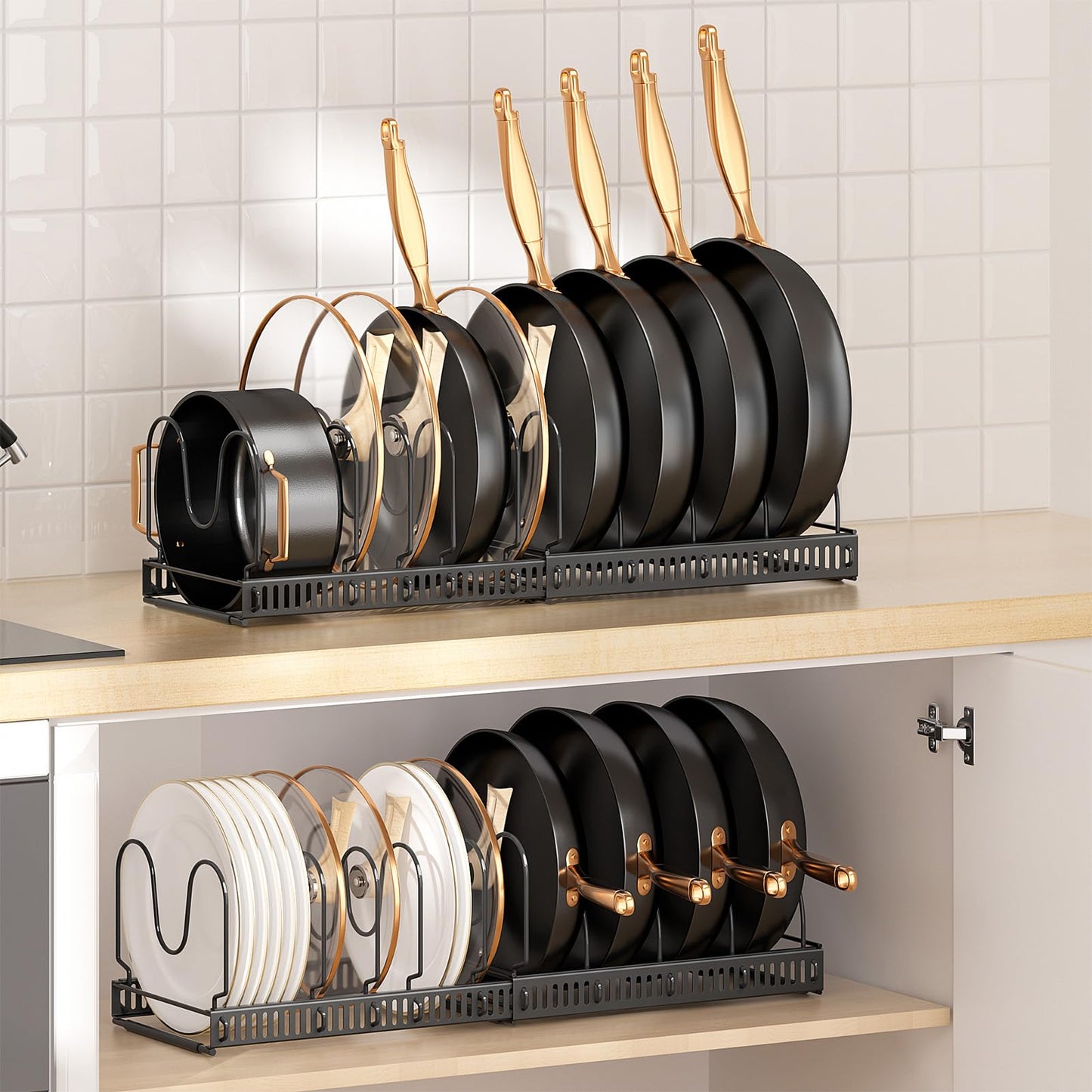 MUDEELA Pots and Pans Organizer Rack for under Cabinet, Expandable 11.81''-22.85'' Pot Lid Kitchen Cabinet Organizer Holder with 10 Adjustable Compartment Cutting Board Organizer for Pan Lid, Bakeware