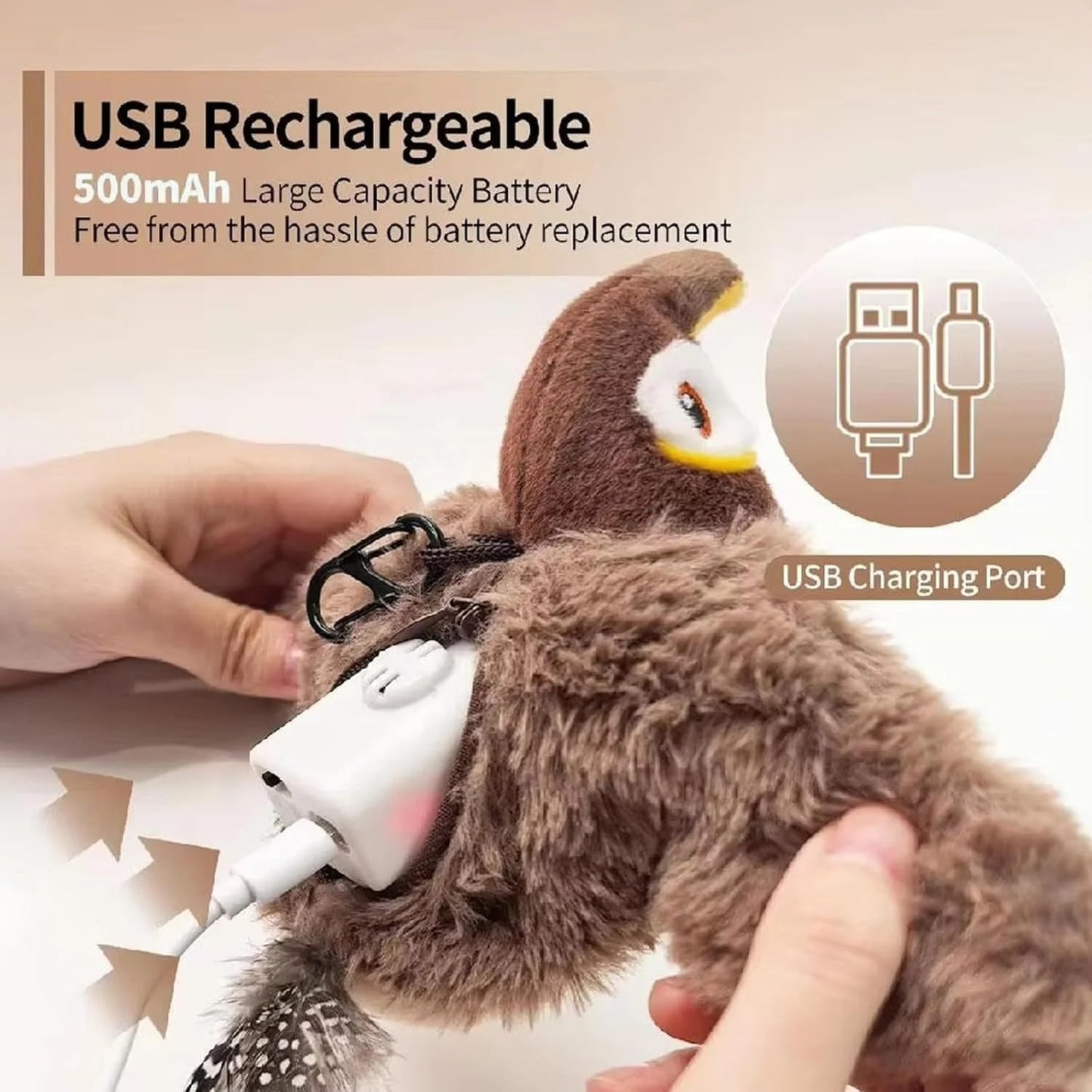 Cat Toy, Plush Bird with Sound and Motion, USB Rechargeable, Soft Washable Cover, Brown and White no Flying