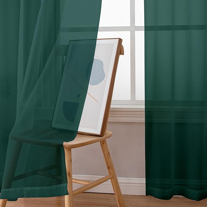 Simplebrand Hunter Green Sheer Curtains 63 Inch Length 2 Panels, Rod Pocket Solid Color Window Sheer Curtain Panels, Elegant Curtains & Drapes for Living Room, Bedroom (Hunter Green, 42" W x 63" L)