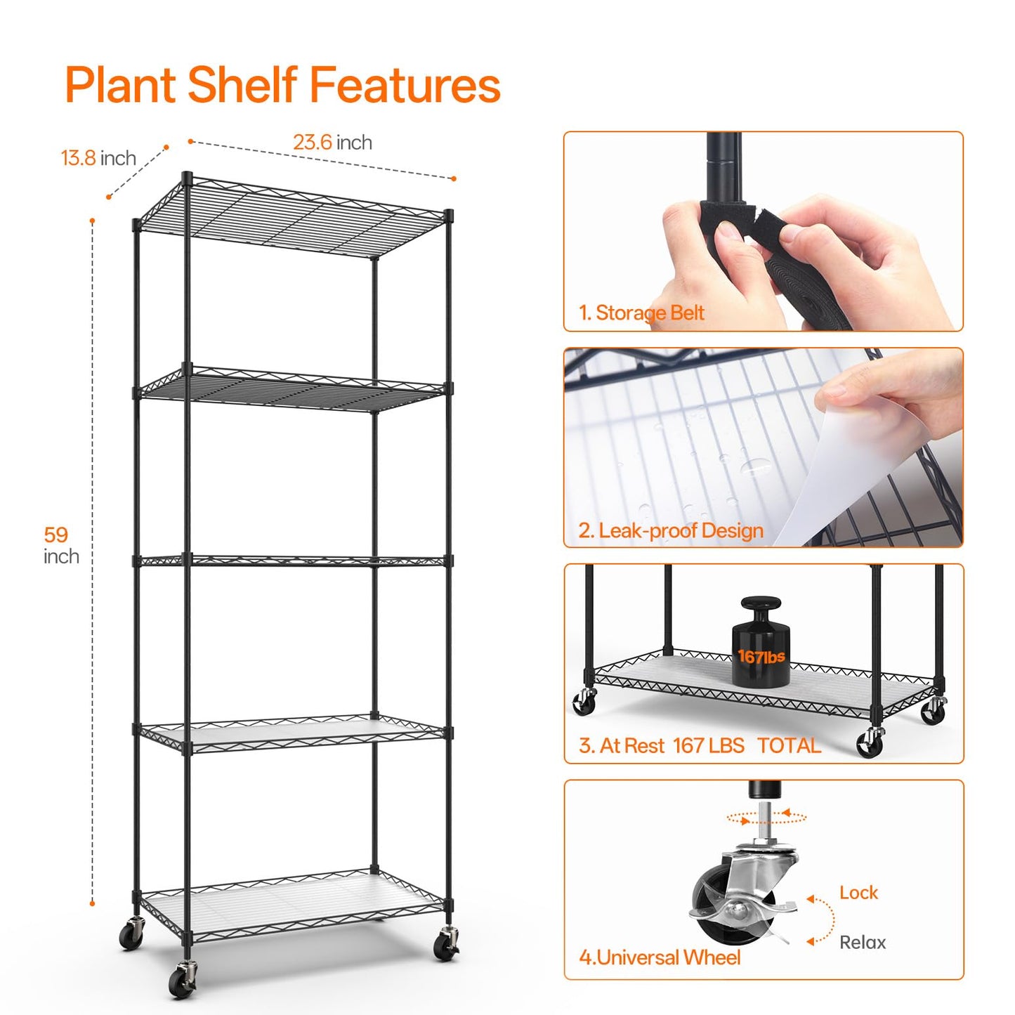 Bstrip Plant Stand with Grow Light, 5-Tier Plant Shelf with 4 Pack T8 Full Spectrum Grow Light for Indoor Plant Seed Starting, Winter to Spring Transition, Seed Tray, Timer & Wheels, 23.5"x13.8"x 59"