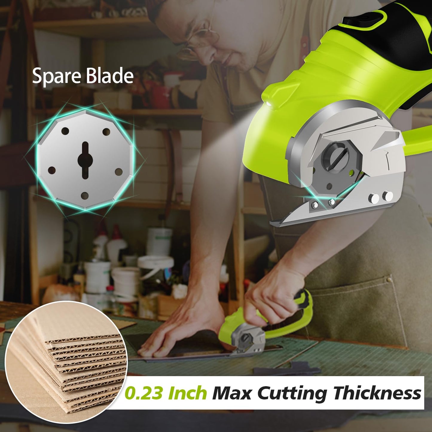 Cordless Electric Scissors, 4V Rechargeable Box Cutter & Cardboard Cutter with LED Light, Safety Lock - Rotary Cutter for Fabric, Leather, Carpet, Plastic, Crafting, Sewing with Storage Box (Green)