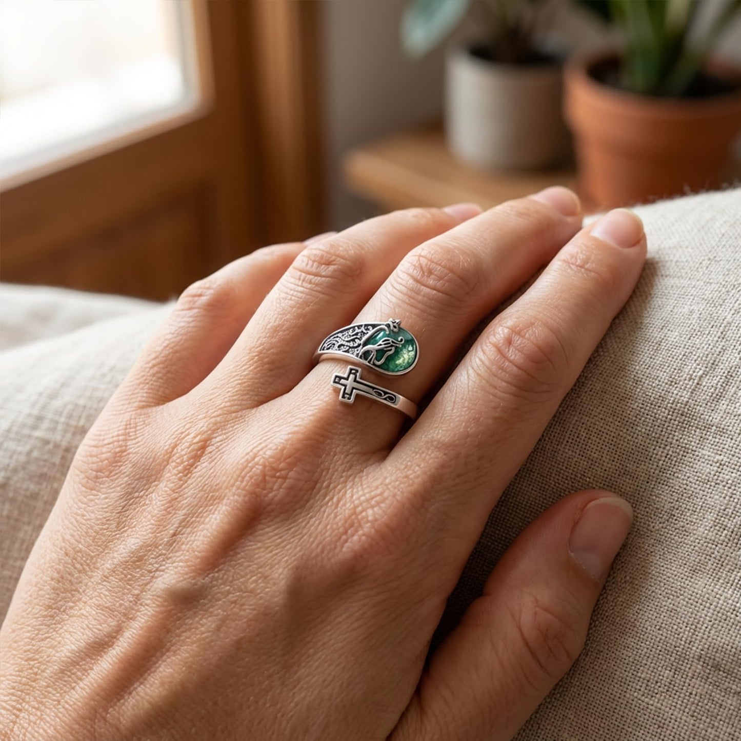 Lieditia Tree of Life Ring 925 Sterling Silver Moss Agate Cross Adjustable Rings Cross Jewelry Tree of Life Gifts for Women