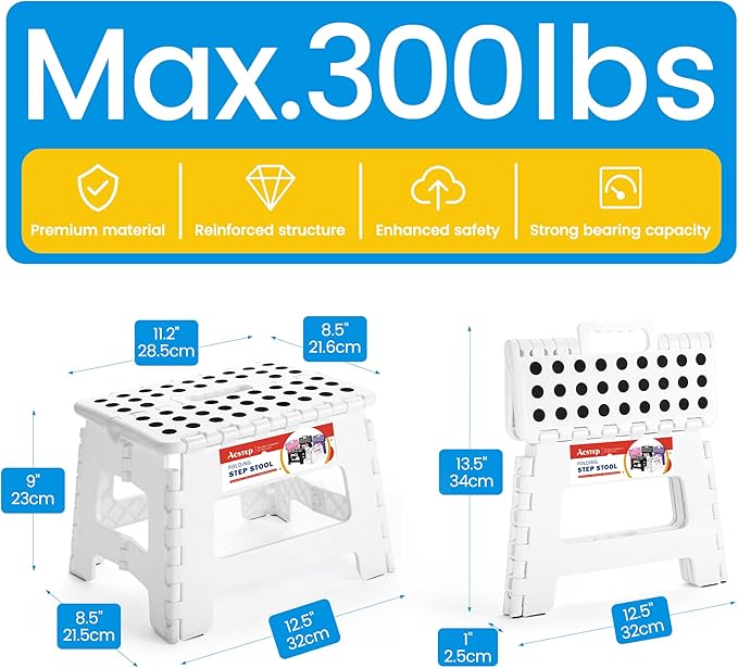 ACSTEP Folding Step Stool Portable Collapsible Plastic Step Stool 9 Inch Foldable Step Stools Non Slip Folding Stools for Kitchen Bathroom Bedroom (White)