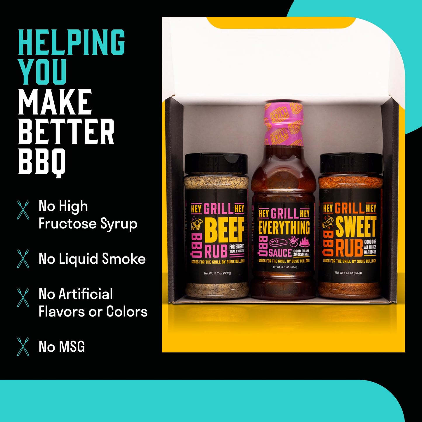 Hey Grill Hey | BBQ Seasoning and Barbeque Sauce Gift Set | Seasoning Set | Beef Rub, Sweet Rub, Everything Barbecue Sauce | Backyard BBQ Hero Trio