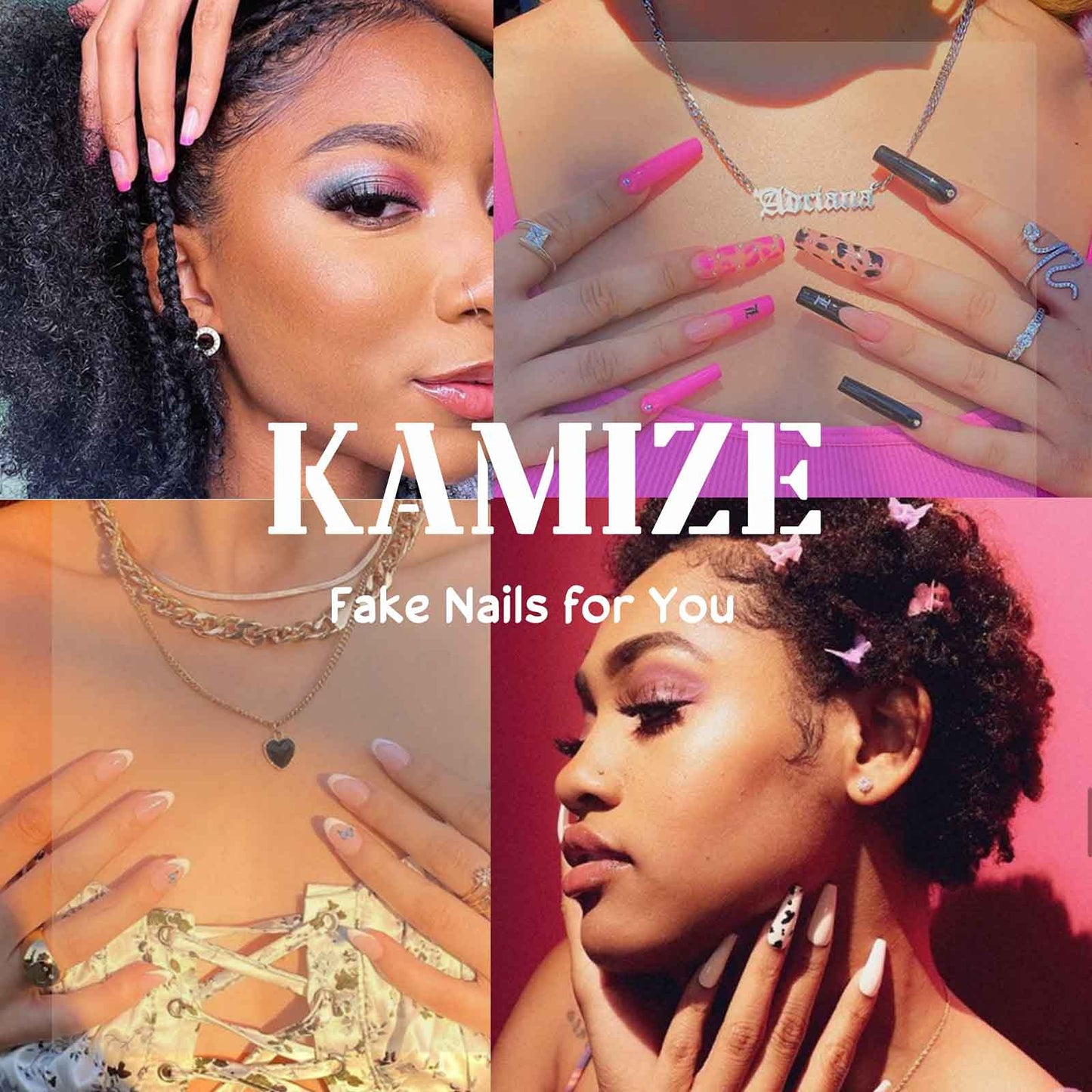 Kamize Medium Fake Nails Square Press on Nails Tips Gold Bling False Nails for Women and Grils