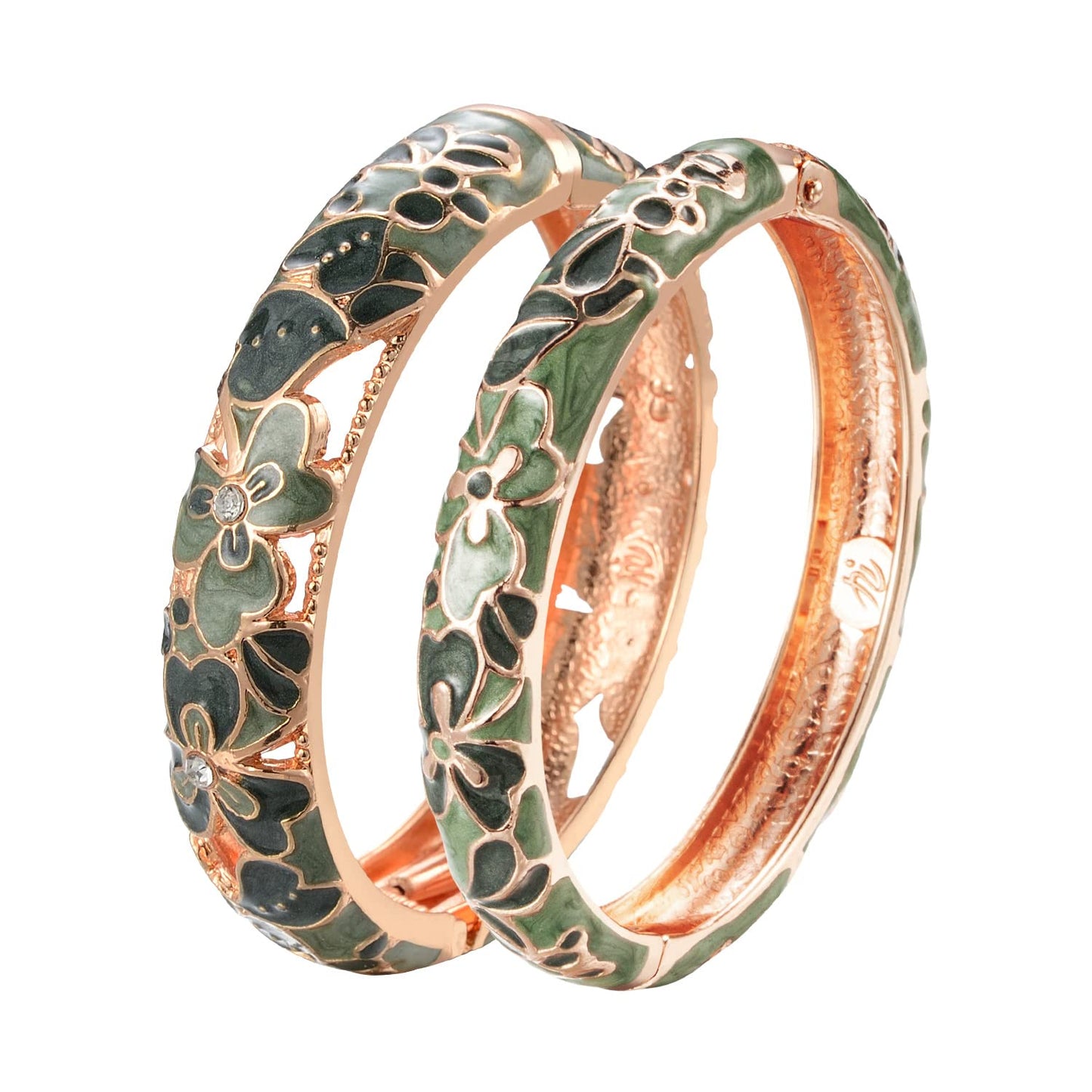 UJOY Women Cloisonne Bracelet Multi-Colors Plated Rhinestone Flower Hollowed Enameled Hinged Cuff Bangles Jewelry Gift 88A22-55A100 Green