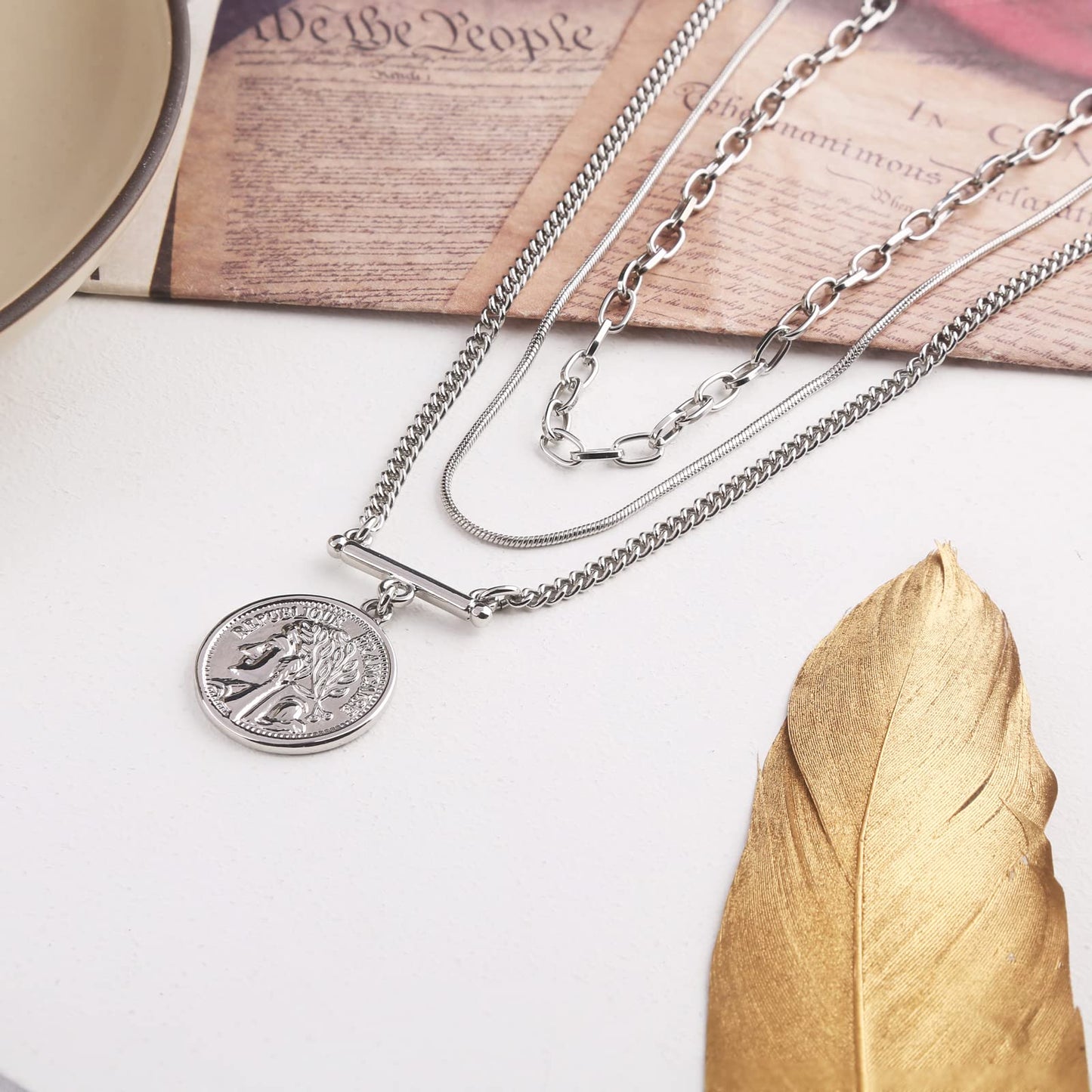 LANE WOODS Gold Plated Necklaces for Women - Multilayer Coin Medallion Pendant Necklace Adjustable Layering Choker Necklaces Chain Set Jewelry（Coin Medallion-Silver）