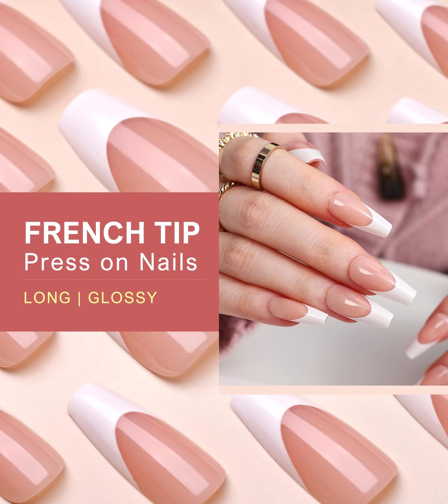 Morily Light Pink White French Tip Press on Nails, 30Pcs Long Coffin Thicker Fake Nails Reusable False Nails with Design, Glossy Acrylic Stick on Nails for Women, 15 Sizes, Include Glass File