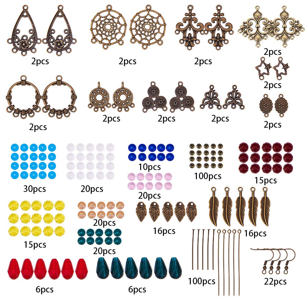 SUNNYCLUE 1 Box DIY 10 Pairs Chandelier Bohemian Earring Making Kit Earring Connector Feather Charms for Jewelry Making Kit Faceted Glass Beads Dream Catcher Links Leaf Assorted Bead Instruction