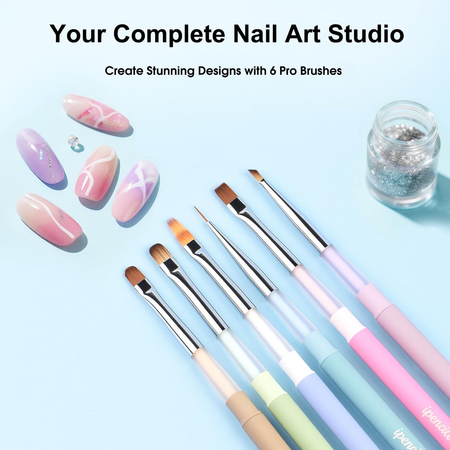 Ipencillo Nail Art Brushes, 6 Pcs Nail Liner Brushes and 6 Pcs Nail Brushes Set for Nail Art Design, Nail Brushes for Nail Art Lines, Nail Art Brushes with Cap