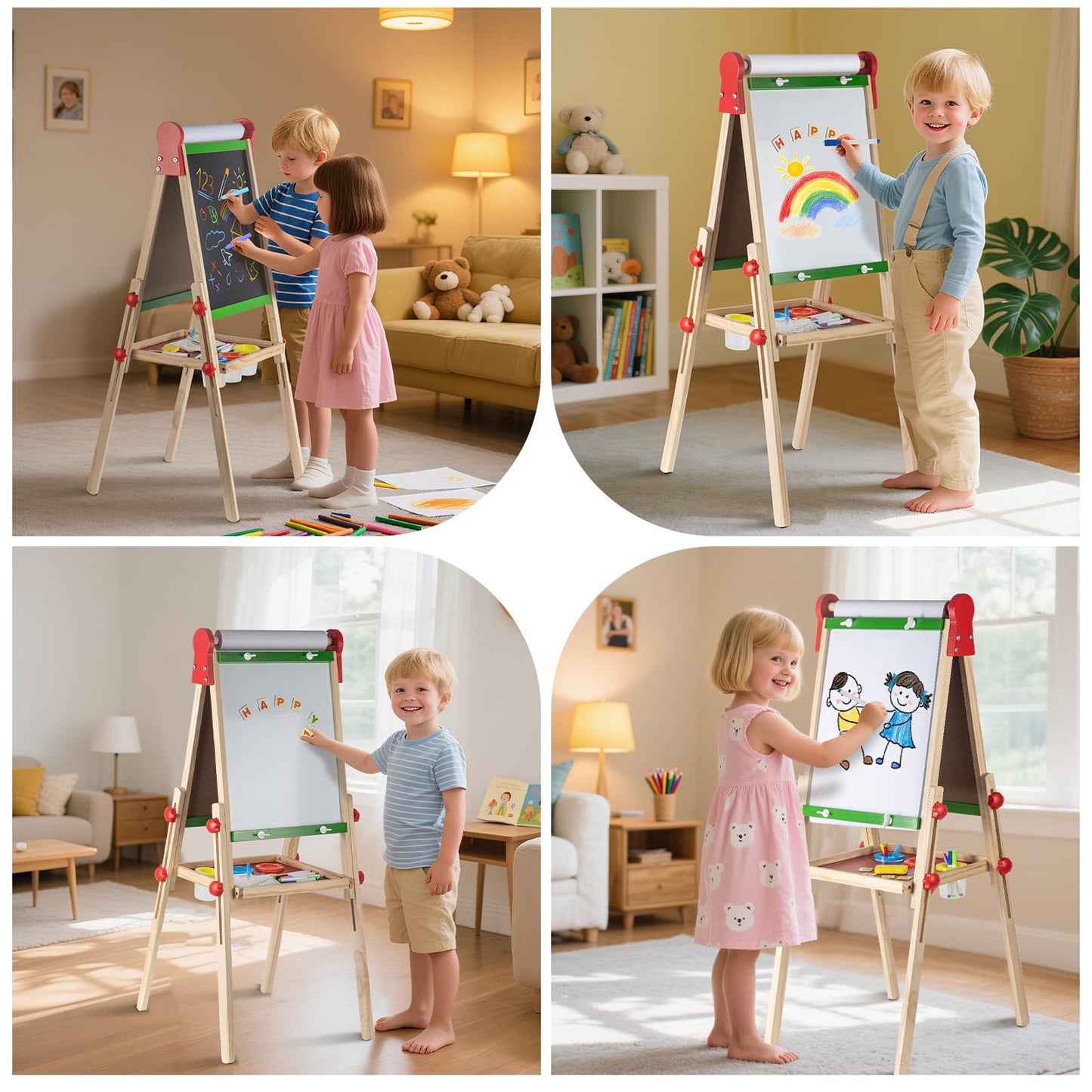Kids Art Easel with Paper Roll for Toddlers, Adjustable Double Sided Magnetic Drawing Board Dry Erase Whiteboard & Chalkboard，Easel for Toddlers 2-4 Years Painting Wooden Easel Kids 4-8