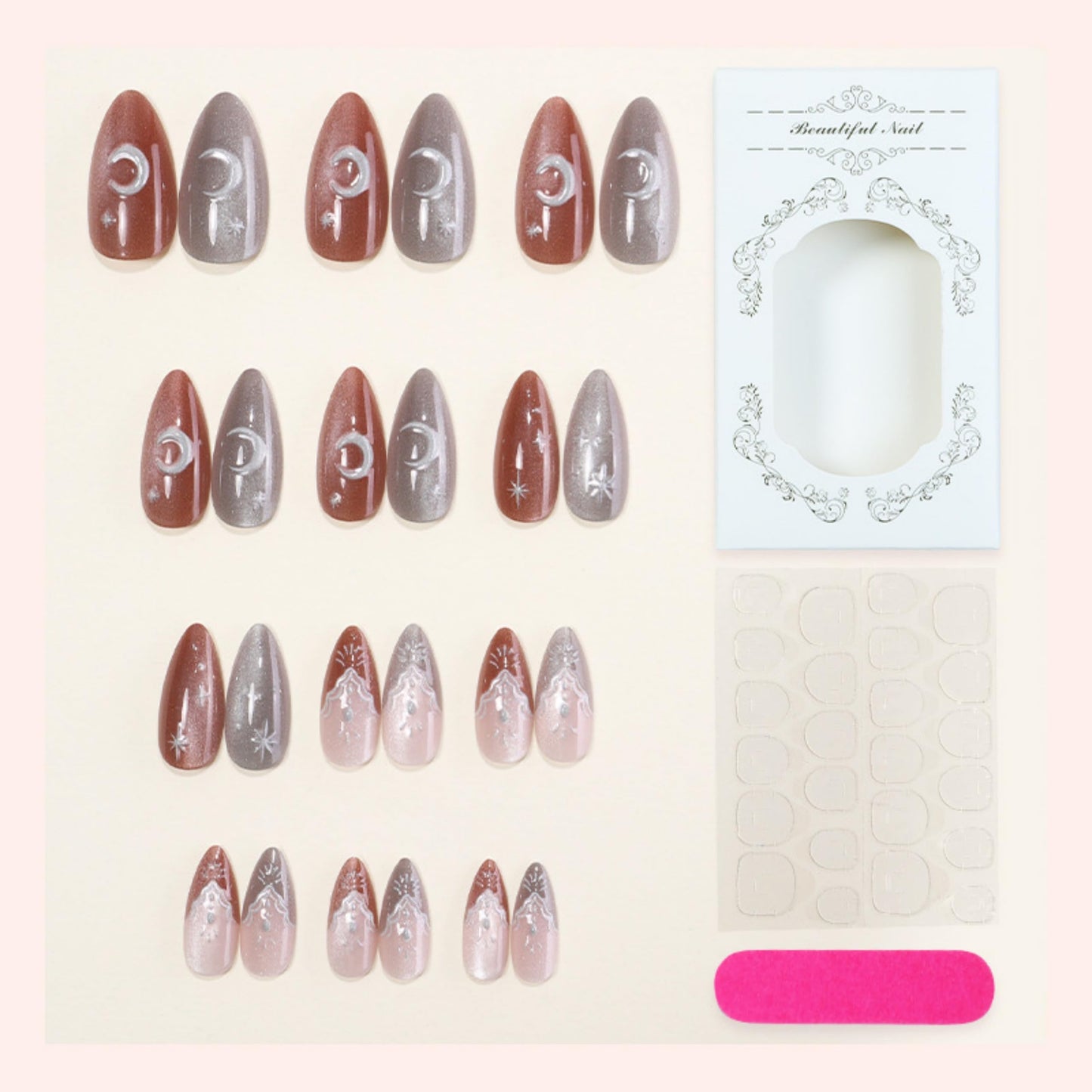 Long Press on Nails Almond Fake Nails Brown and Silver Acrylic Nail Press ons Seeneey Moon and Silver Floral Charm Designs Cat eye Stick on Nail for Women 24pcs