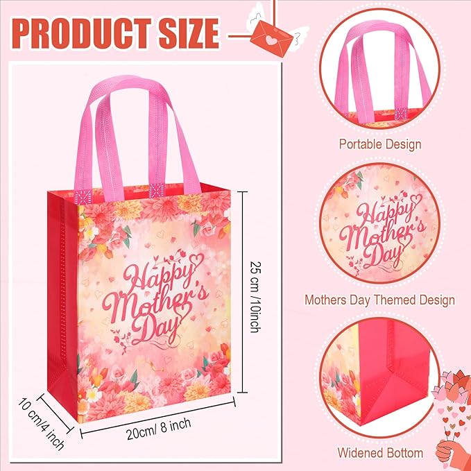 Wesnoy 60 Pcs Mother's Day Gift Tote Bags Bulk 10 x 8 x 4 Inch Reusable Floral Non Woven Gift Wrap Goodie Treat Bags with Handle Happy Mothers Day Party Favors for Mom Grandma Shopping Party Supplies